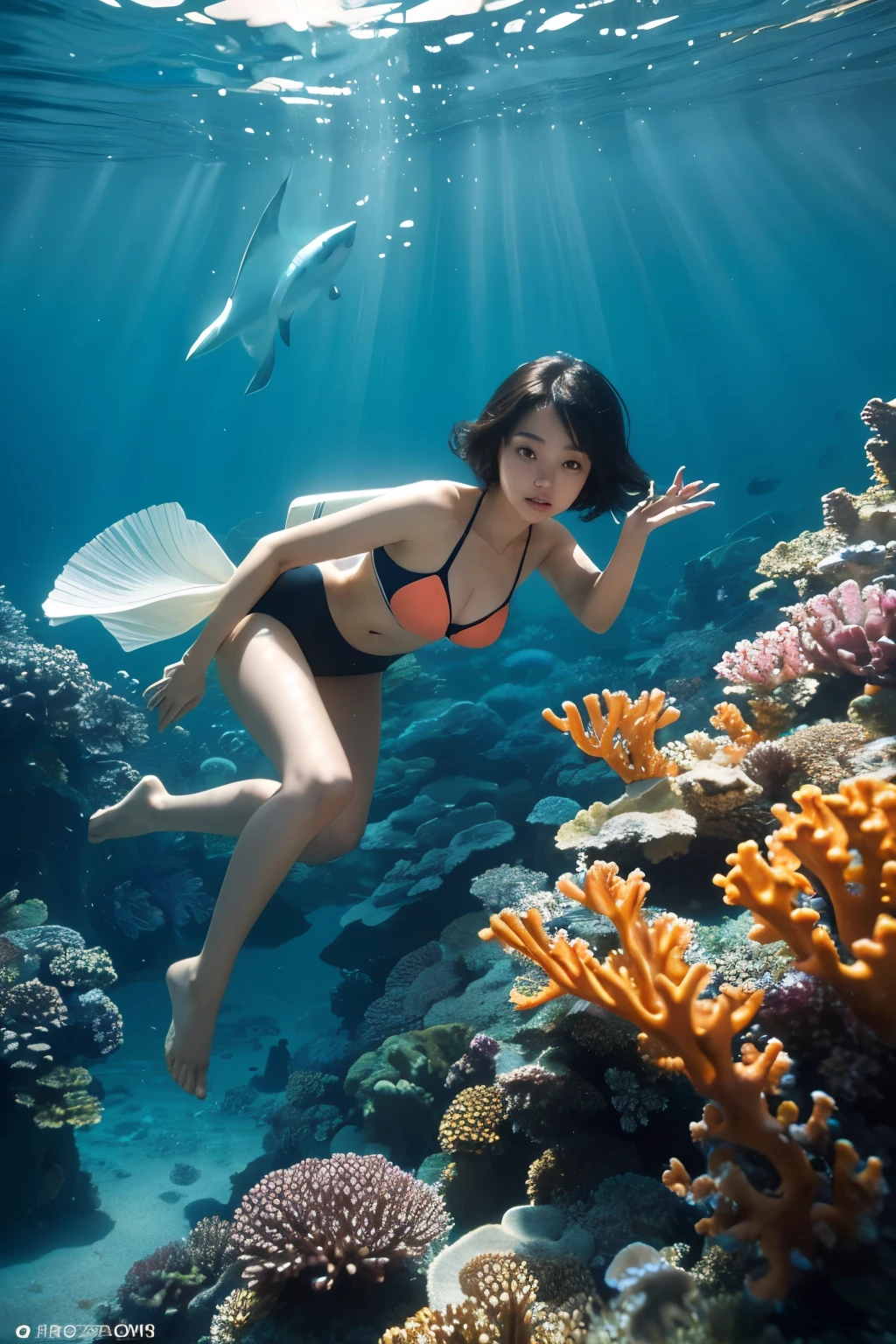 (highest quality, 8K, 32K, masterpiece, UHD:1.2) "Produces an art scene depicting a short black-haired Japanese girl model with a chic bob hairstyle, wearing a swimsuit, Scuba diving and exploring the underwater world. Watch as you swim gracefully through the vibrant coral reef.。, Surrounded by colorful fish. Capture the sense of wonder and discovery on her face as she encounters the beauty of aquatic ecosystems。. using dynamic lighting、Simulates the play of sunlight shining through the water surface。, projecting a fascinating reflection、Creates a tranquil and visually captivating underwater environment。."