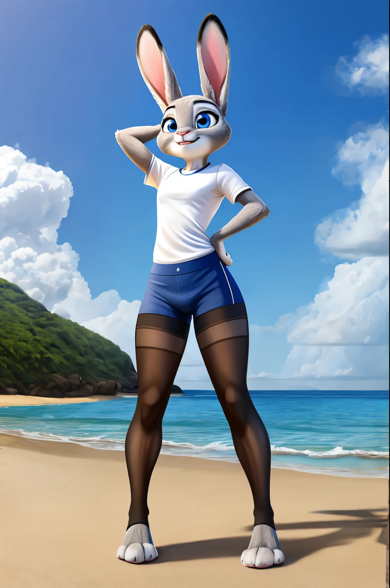 judy hopps,realistic fur,bright blue eyes,masterpiece HIFI,Skinny,crotch view,pantyhose leggings,T-shirt,beach,paws pose,thick thighs,thick paws,Standing Stand,small panties
