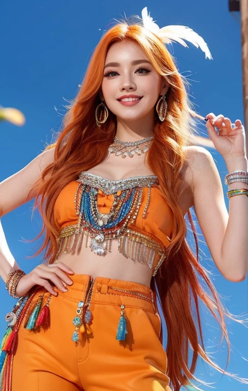 (extra detailed body、extra detailed face、best qualtiy:1.2)、femele、looking at the viewers、(Orange hair、Flashy clothes、15yo student、a smile、Feather piercings down to the bottom of the shoulder、hippy、hair adornments、Fancy Necklaces、Trumpet pants)、(Woodstock:1.4)