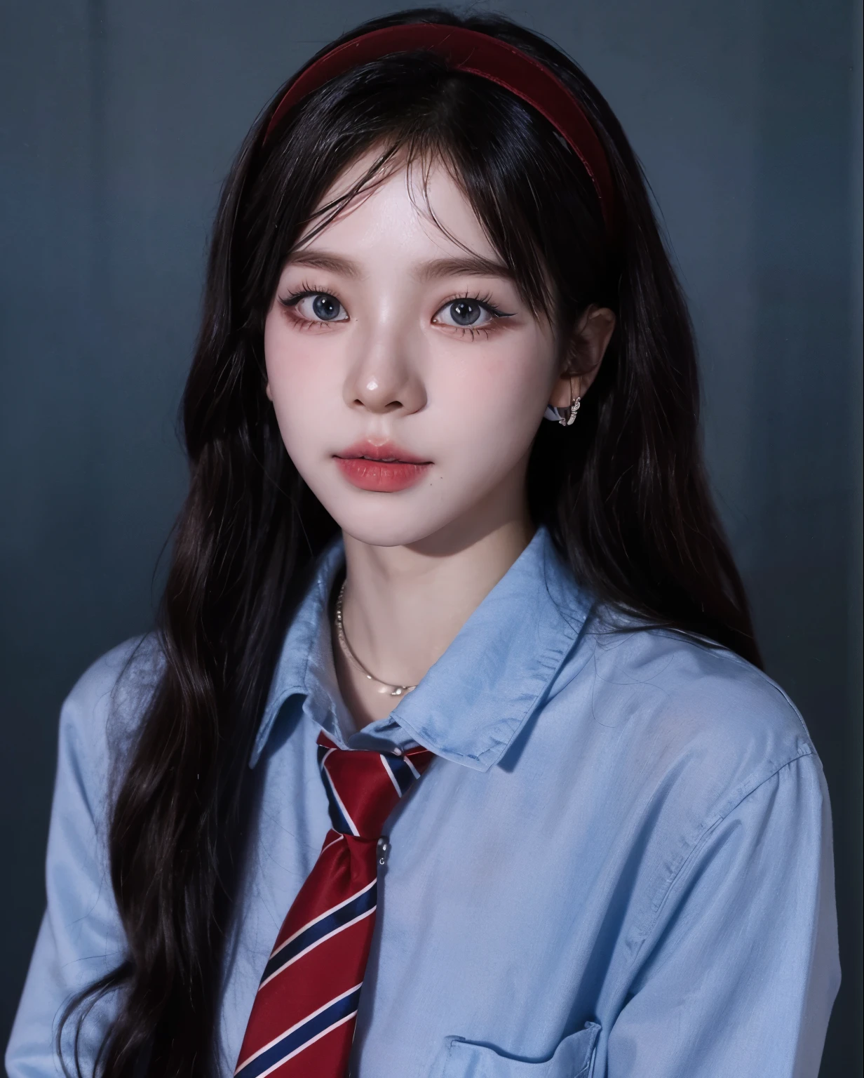 arafed woman with long hair wearing a blue shirt and a red tie, ulzzang, korean girl, jaeyeon nam, young adorable korean face, popular south korean makeup, popular korean makeup, jinyoung shin, beautiful south korean woman, beautiful young korean woman, a hyperrealistic , gorgeous young korean woman, portrait of jossi of blackpink