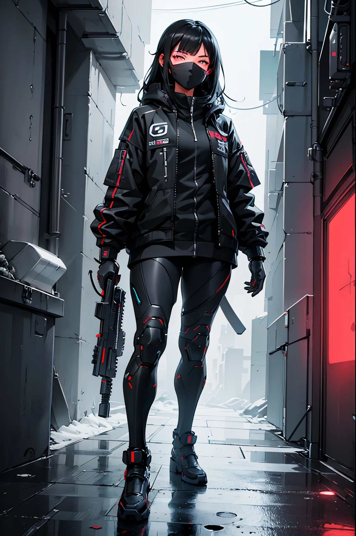 Muscle Special Forces Girl,eyes shine, Wearing black special forces equipment, with a gun in hand, full body esbian, Shoot at knee height, cyber punk, neon light, futuristic, surrealism, red,。.。.。.3D, redshift, Maxon Cinema 4D, Quaixel Megascan Rendering, Doomsday color, red light, futuristic, 1/3, high detail, super high quality, phantom engine, 8K,