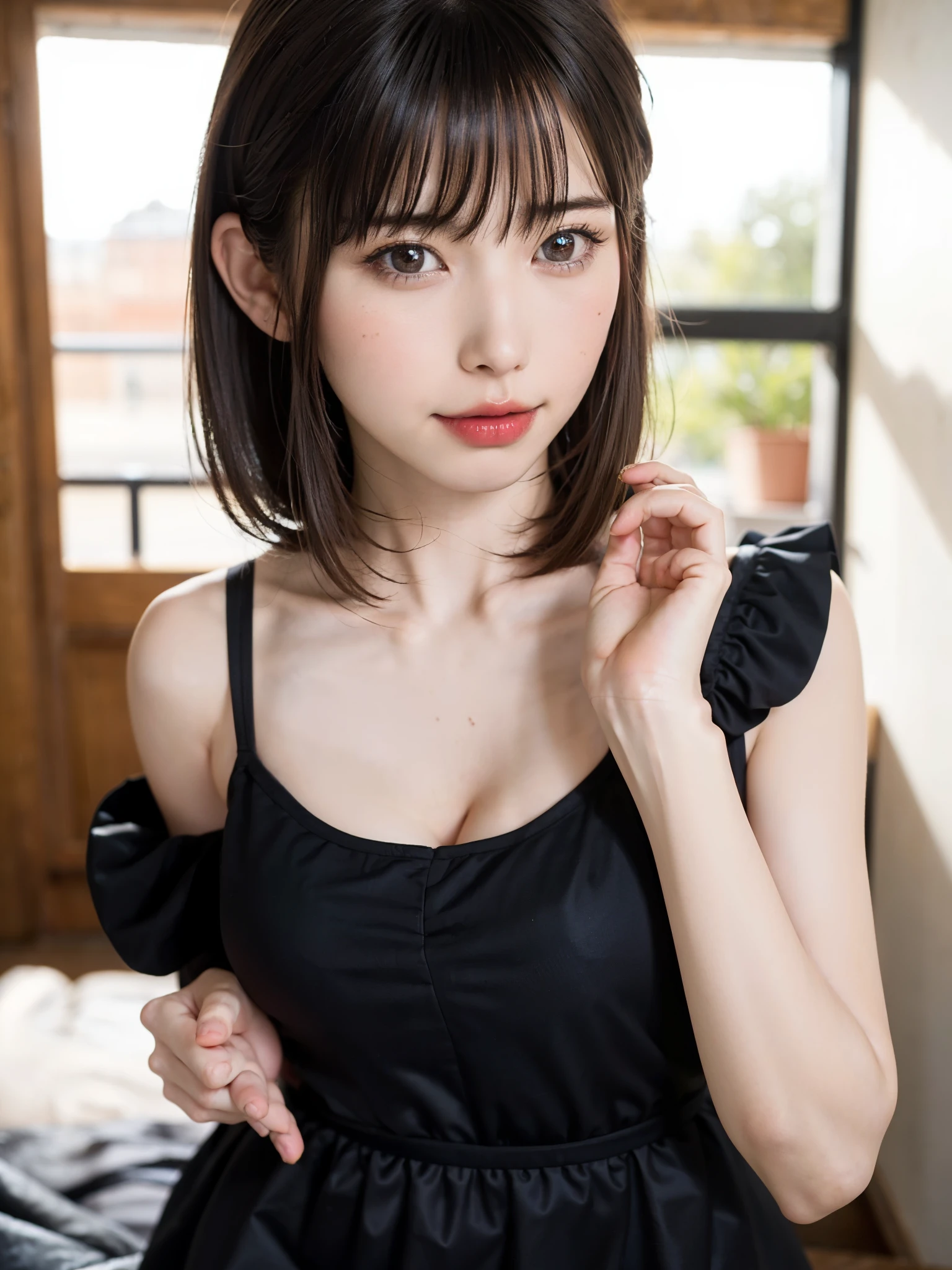 (table top, highest quality、high detail:1.4、very attractive beauty、Adds intense highlights to the eyes、look closely at the camera:1.4、Beautiful woman full of charm、ideal body proportions、perfect anatomy、brunette short bob hair、shiny hair、bangs:2、光沢のあるbangs:2、lip gloss),1 girl, Report, light brown shiny hair, scarf,realistic, looking at the viewer、Please tilt your head slightly, bright colored crystal light blue eyes, short and shiny hair、 chest中央に穴の開いた白いタートルネックの衣装,chestの真ん中に丸い穴のあるセクシーな白いタートルネック ニット セーター、 lips, lip gloss, Upper body、Big eyes、eyelash、face is a little red、embarrassing)、((italian road in winter))、((short hair with Big eyess、Give your students very powerful highlights、{Huge|big|Hugeな|mega} chest:2、very bigger chest:2、look at the audience、very beautiful beauty、show me your ears、long neck、smile a little、beautiful teeth、open your mouth and smile、heart shaped eyes))、28 years old、very cute super model、portrait:2、close your face:2