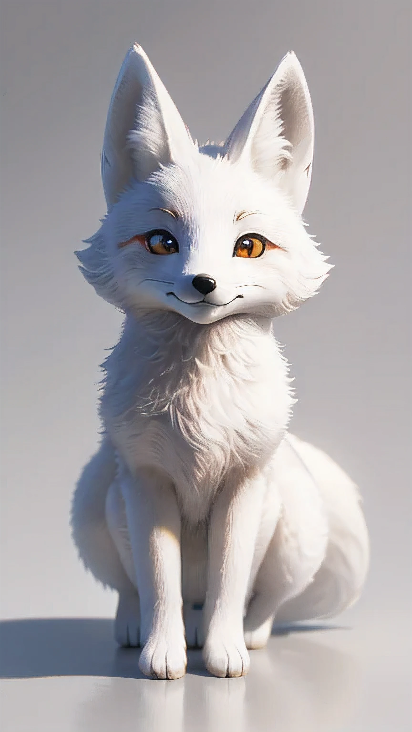 ((white fox)),fat fox, masterpiece, highest quality, 8K, High resolution, photograph, film grain, chromatic aberration, HDR, dynamic lighting,((Front view)), ((positive)), shining background, (gray background:1.4), most detailed, very detailed, Super detailed, finely, (big pupil, realistic student:0.8), cute fox, A smiling fox, in the forest, laughing fox, So cute, ((look forward)), ((whole body)), fox, The kids `