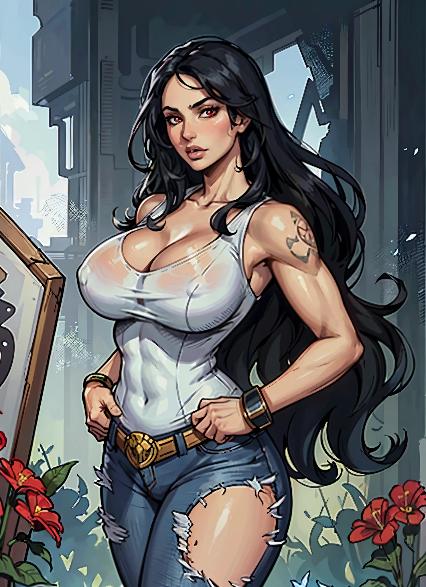 Style ::2.0 comix illustration Style,tatoon Style, comic book Style,ashley alexiss argentina,Beautiful woman with ultra detailed long hair, (Beautiful and clear background:1.2),, Fantastic paintings,graffit Style, flowers, Very detailed eyes, a white t-shirt or dressed in a jaeans jacket and a white blouse underneath, with both fists in fighting position, and bracelets, fighting an enemy, with long black hair, stained glass, tongue slightly out, vibrant, alphonse Mucha Style, Fantastic paintings by joe madureira ,high quality, --RA 3:4 --upbeta --test --creative --upbeta --upbeta --upbeta --upbeta, masterpiece, Best quality, high quality, extremely detailed cg unity 8k wallpaper, scenery, award-winning photography, HDR, extremely detailed, trending on artstation, trending on cgsociety, intricate, High detail, art by midjourney Style::JKenneth Rocafort STYLE ::2.9 (masterpiece:1.2, Best quality), (beautiful finely detailed eyes: 1.2), ((1 girl Kelly Brook very beautiful woman)) (((( huge fake breasts:9.9 )))), ((Only)), (red eyes:1.4), (finely detailed eyes and detailed face:1.3),), (with jeans and white t-shirt or dress:1.3), (Beautiful and clear background:1.2), (extremely detailed CG, ultra detailed, best shadow:1.1), ((depth of field)), ((watercolor)), big breasts, shoulders uncovered, flowers and petals, beautiful concept illustration, (White background:0.5), (illustration:1.1), (extremely fine and beautiful:1.1), (Perfect details:1.1)