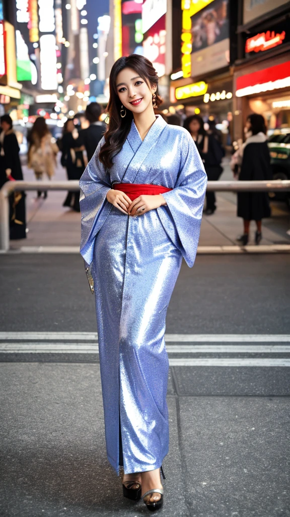 Lovely girl 30 years old Brazilian actress, Portrait of beautiful goddess of New York background in style bokeh, full body head to toes, wearing high heels, feminine, romantic, long shiny hair, pretty brown eyes, glossy plump lips, shimmering makeup, dazzling beauty, tender smile in Kimono Japanese dresses