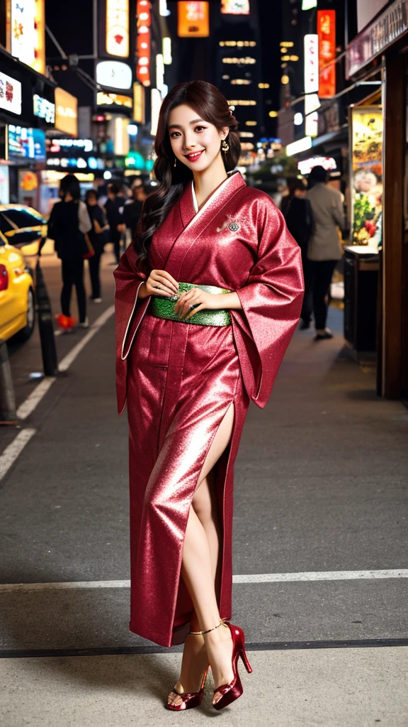 Lovely girl 30 years old Brazilian actress, Portrait of beautiful goddess of New York background in style bokeh, full body head to toes, wearing high heels, feminine, romantic, long shiny hair, pretty brown eyes, glossy plump lips, shimmering makeup, dazzling beauty, tender smile in Kimono Japanese dresses