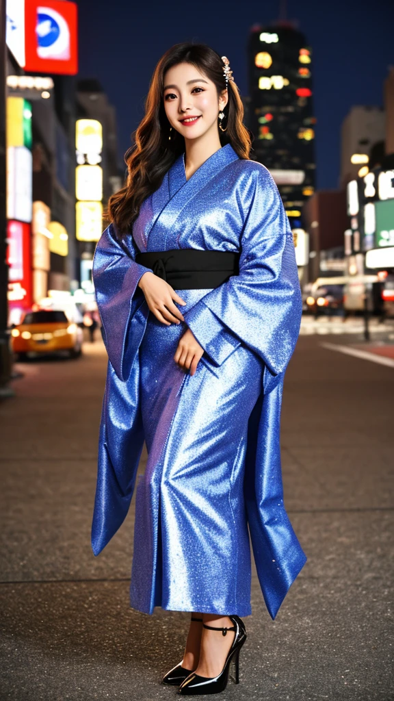 Lovely girl 30 years old Brazilian actress, Portrait of beautiful goddess of New York background in style bokeh, full body head to toes, wearing high heels, feminine, romantic, long shiny hair, pretty brown eyes, glossy plump lips, shimmering makeup, dazzling beauty, tender smile in Kimono Japanese dresses