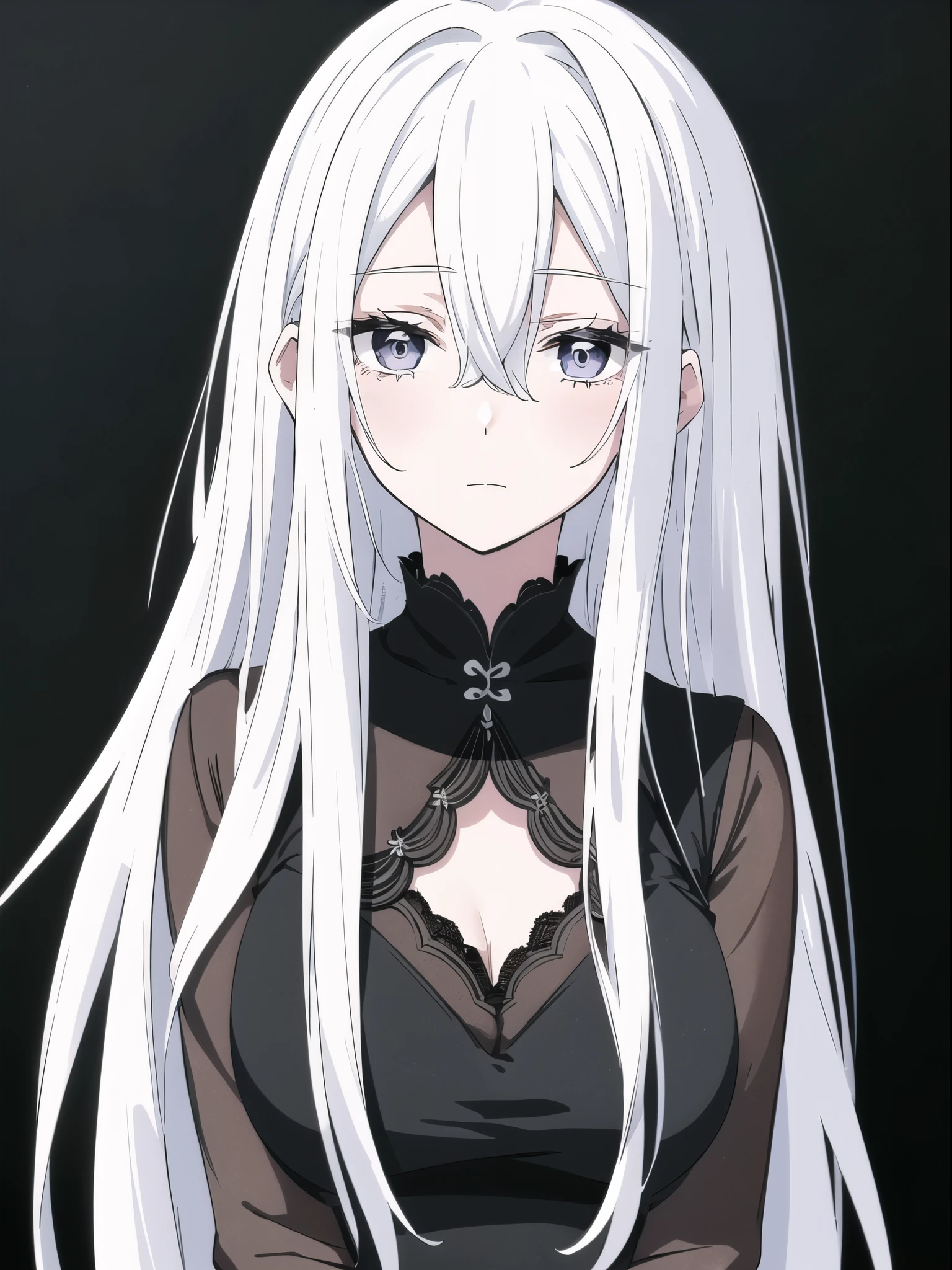 ((White hair)),((Head and Shoulders Image)),Sexy,A person,Alone,Simple style,pancake ,Simple details,Black background,Empty background,Black background wall,(20 year old woman),(Droopy hair),(White Gloves),(Evening Gown),(Lace Shirt),Lace,(confidence)
