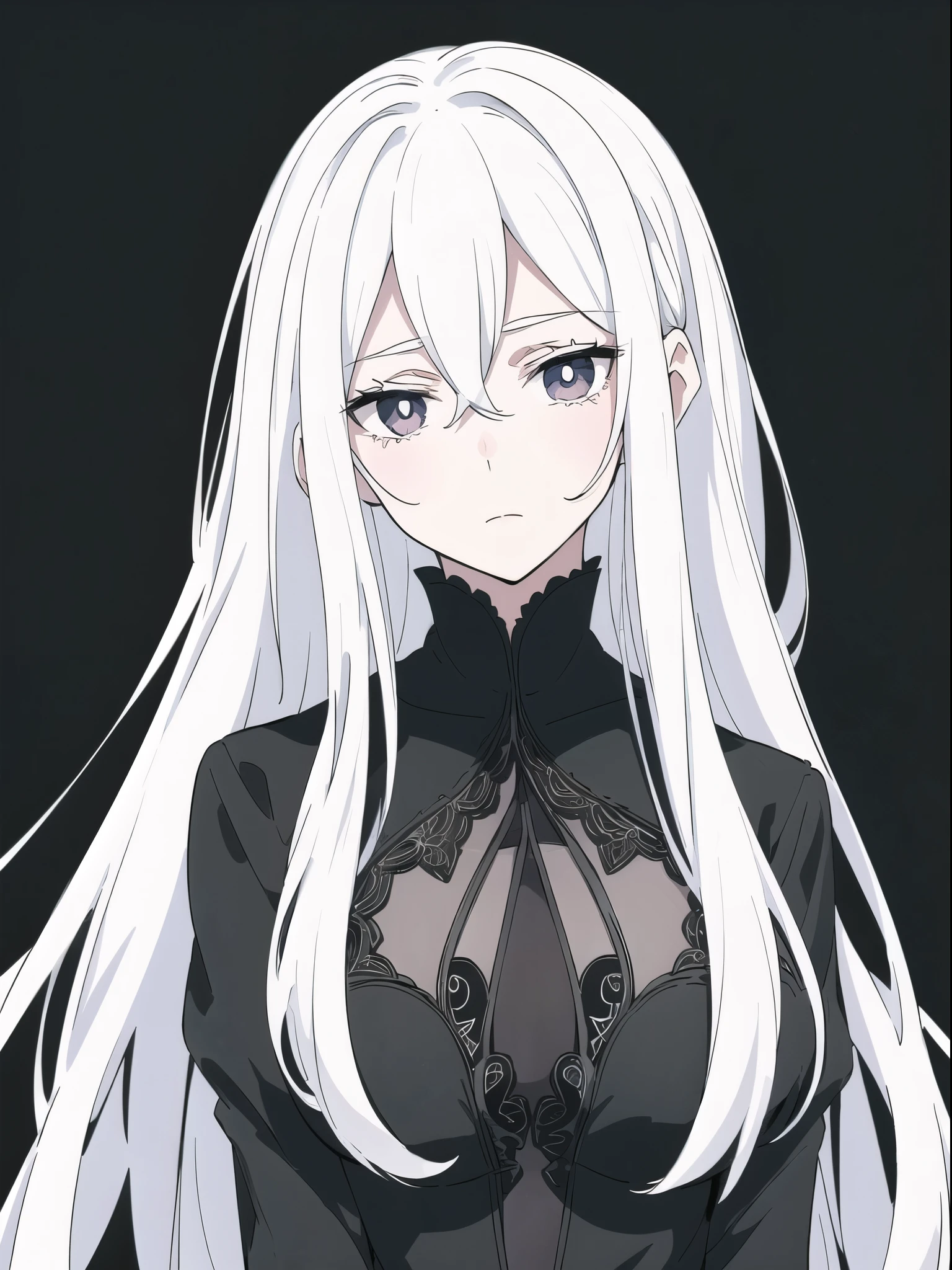 ((White hair)),((Head and Shoulders Image)),Sexy,A person,Alone,Simple style,pancake ,Simple details,Black background,Empty background,Black background wall,(20 year old woman),(Droopy hair),(White Gloves),(Evening Gown),(Lace Shirt),Lace,(confidence)