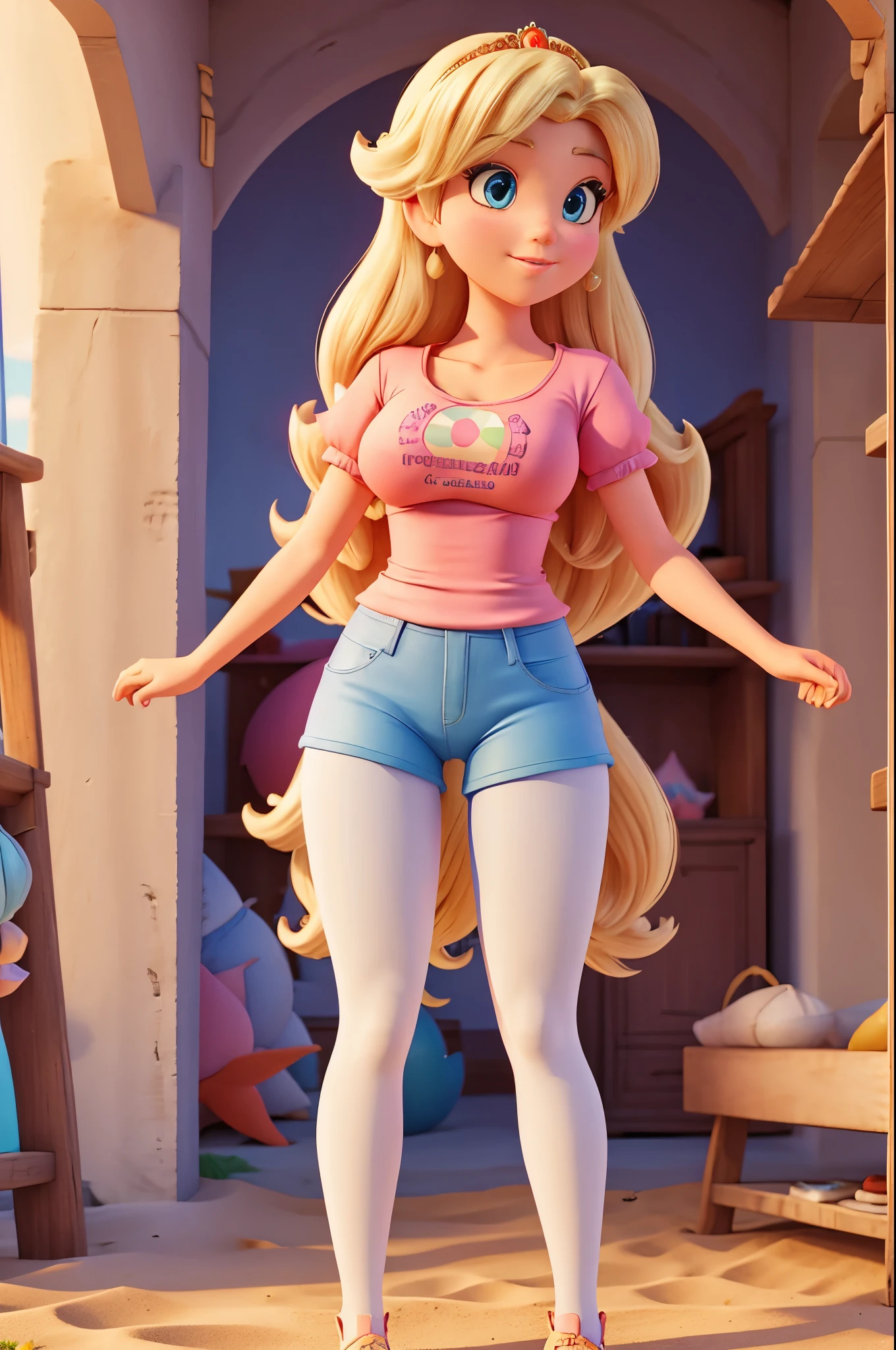 princess peach,yoga pants, t-shirt, in the snow,crotch view,boots
