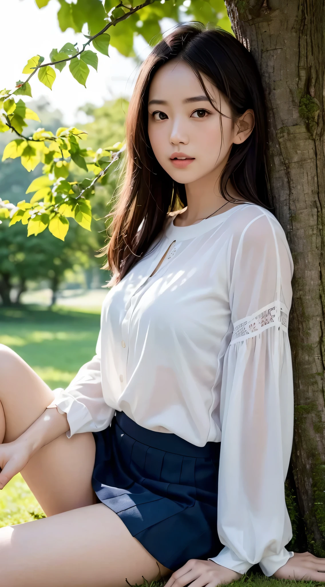 High resolution, super high quality, super masterpiece, 8K, super fine CG video, (Photorealistic stick: 1.2), sharp focus, soft light, ambient lighting, 1 girl, Japanese girl, (Leaning on a tree, on the grass) Sitting, reading a book, sitting with legs apart, legs open, panties visible under skirt, (front, low angle), short-sleeved blouse, skirt, summer morning, young leaves, sunlight filtering through the trees, oblique light, Beautiful scenery, peace, happiness,