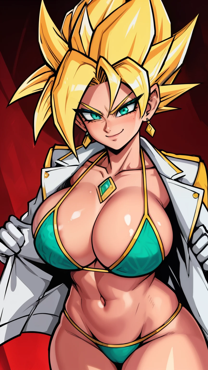 RAW photo, (high detailed skin, detailed eyes:1.1), intricate details, best quality, 8k uhd, soft lighting, Vegetto, breasts, (female:1.2), 1girl, earrings, jewelry, white gloves, spiked hair, dougi, smile, blonde hair, green eyes, super saiyan, bikini, jacket over, sexy, fighting