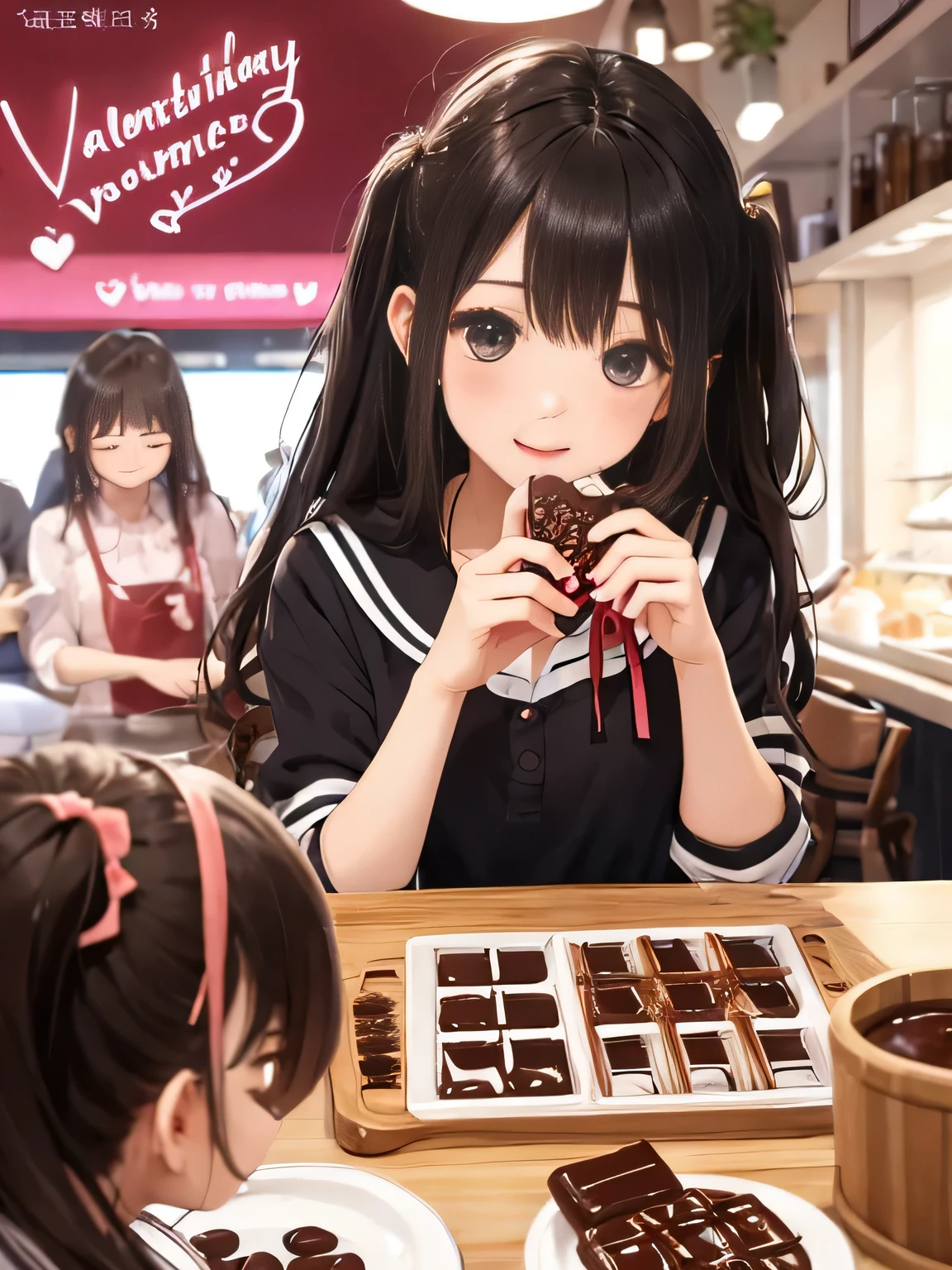 highest quality、High resolution、detailed background、beautiful and detailed face、beautiful and smooth skin、skin texture、professional lighting、Beautiful teenage girl、cute hairstyle、sailor suit、
that is common to make homemade chocolates on Valentine's Day.。
that'It's so cute to see them making chocolate with all their heart for their loved ones..。You can collect the ingredients and enjoy making chocolate together..。
Another cute idea is、Organize a chocolate exchange with friends or colleagues。.。
Let's all bring home-made chocolates、Have fun exchanging and share love and friendship.。
A date with your lover is a special occasion.。Enjoy lunch or dinner at your favorite cafe or restaurant、Watch a romantic movie at the cinema、Let's have a special time.。
that'It would be nice to prepare a cute surprise present..。
for example, Leave cute letters and small handmade gifts in hidden places.、I would be happy if someone important found me.。.。
that'Valentine's Day is also a fun situation.'s Day party with friends and family.。
Valentine's themed game with cute decorations、Prepare elements to liven up the party、Let's all have fun together, Making sweets etc..。