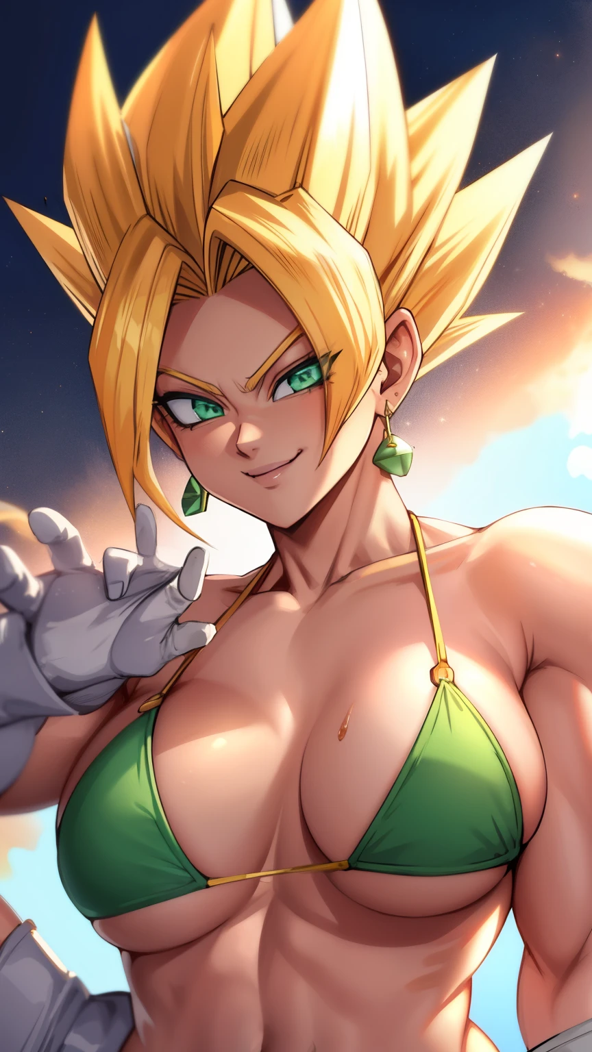 RAW photo, (high detailed skin, detailed eyes:1.1), intricate details, best quality, 8k uhd, soft lighting, Vegetto, breasts, (female:1.2), 1girl, earrings, jewelry, white gloves, spiked hair, dougi, smile, blonde hair, green eyes, super saiyan, bikini, fighting