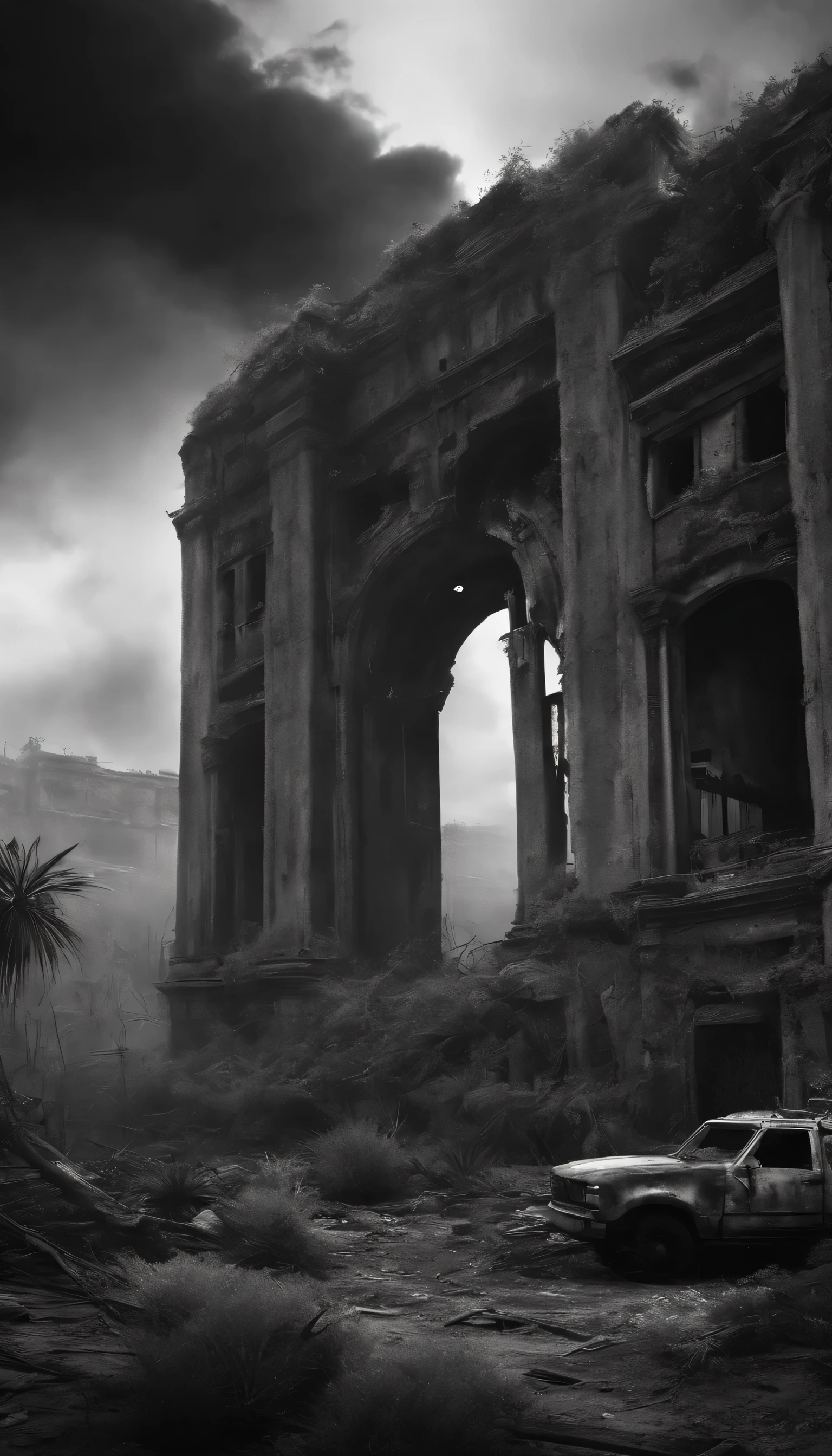 Generate a striking black and white post-apocalyptic scene that represents the ruins of a metropolis consumed by toxic vegetation, where a lone survivor advances with determination among crumbling buildings and threatening plants. Focus on transmitting sensations of terror, soledad, Desolation and despair.