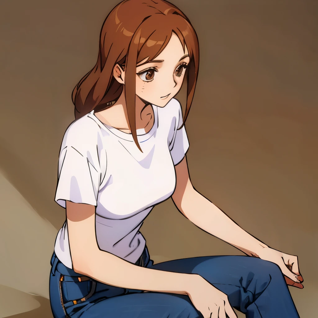 an adult woman who looks young and beautiful, with light brown hair and eyes of the same color. She is usually seen wearing simple clothes, such as shirts and jeans.