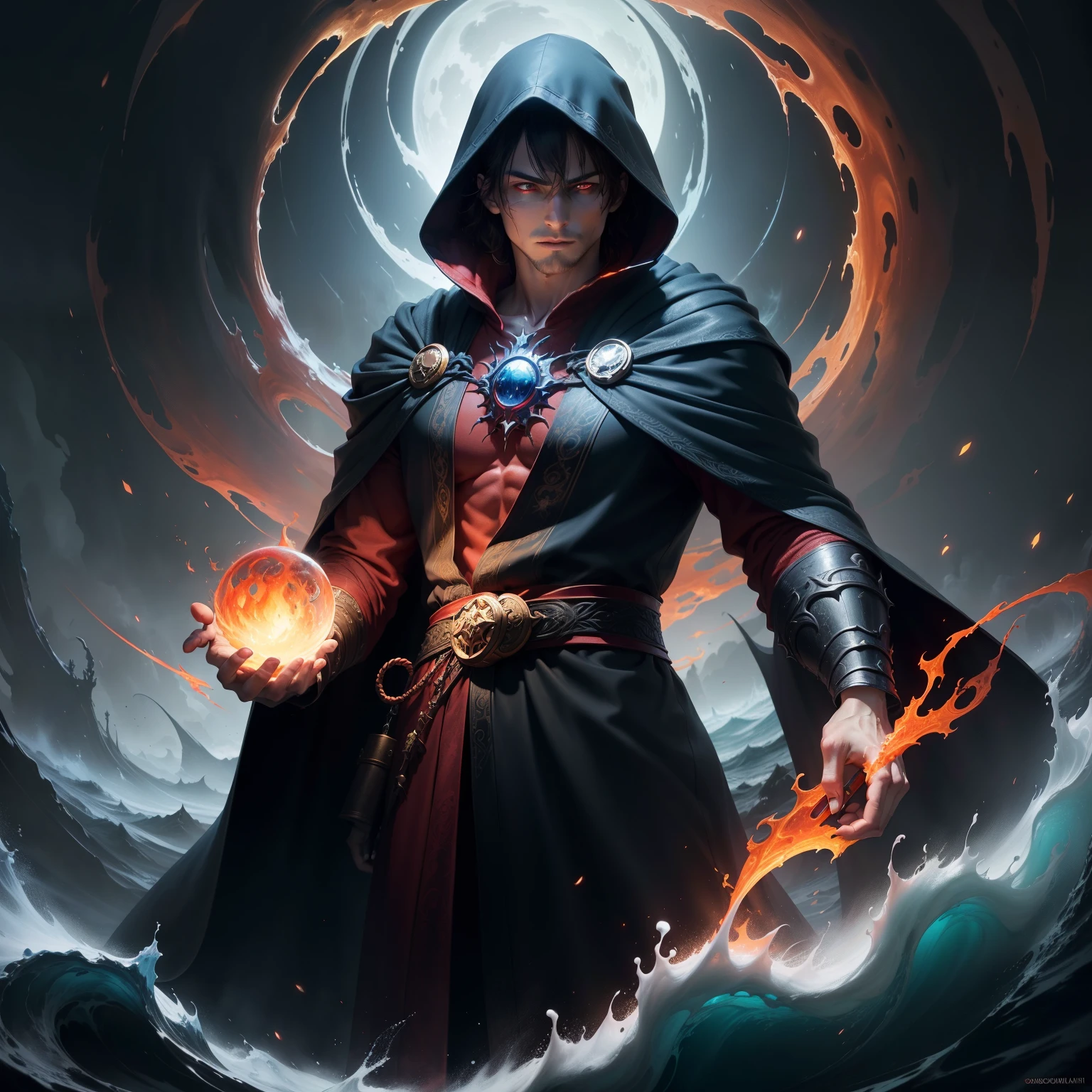 The sorcerer, with his fiery red eyes illuminated by the moonlight, is the central figure of this masterpiece oil painting. His hooded robe, cascading in rippling waves, is meticulously rendered with delicate brushstrokes, showcasing the textured fabric and the shimmering folds. The intricate details of the robe's fabric and the shimmering folds are highlighted, creating a sense of depth and dimension. The sorcerer's fiery red eyes seem to glow with an otherworldly light, making his presence feel otherworldly and mesmerizing. The abyss in the background is depicted in 1.2 ultra-detailed