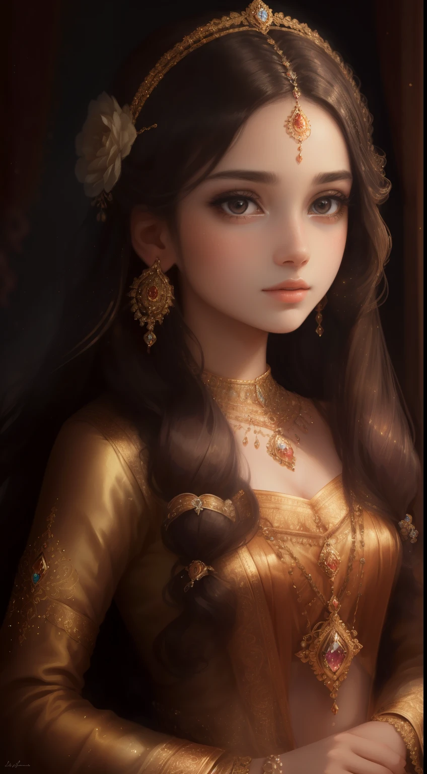 (best quality,highres,masterpiece:1.2),ultra-detailed,royal,beautiful portrait of a girl with long, exquisite hairstyle,sparkling large eyes,adorned with a dazzling array of intricate jewelry,soft lighting