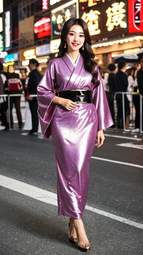 Lovely girl 30 years old Brazilian actress, Portrait of beautiful goddess of New York background in style bokeh, full body head to toes, wearing high heels, feminine, romantic, long shiny hair, pretty brown eyes, glossy plump lips, shimmering makeup, dazzling beauty, tender smile in Kimono Japanese dresses