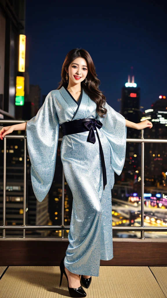 Lovely girl 30 years old Brazilian actress, Portrait of beautiful goddess of New York background in style bokeh, full body head to toes, wearing high heels, feminine, romantic, long shiny hair, pretty brown eyes, glossy plump lips, shimmering makeup, dazzling beauty, tender smile in Kimono Japanese dresses