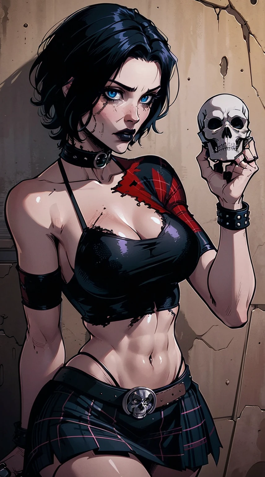 a woman with short black hair, hair on shoulders, wearing a black cropped and plaid skirt, blue eyes, zombie art, gothic art, cute aesthetic with vibe, toon aesthetic, wearing red costume, wearing gothic accessories, look like Cassie Hack, whole body, holding a skull in his hand, horror background