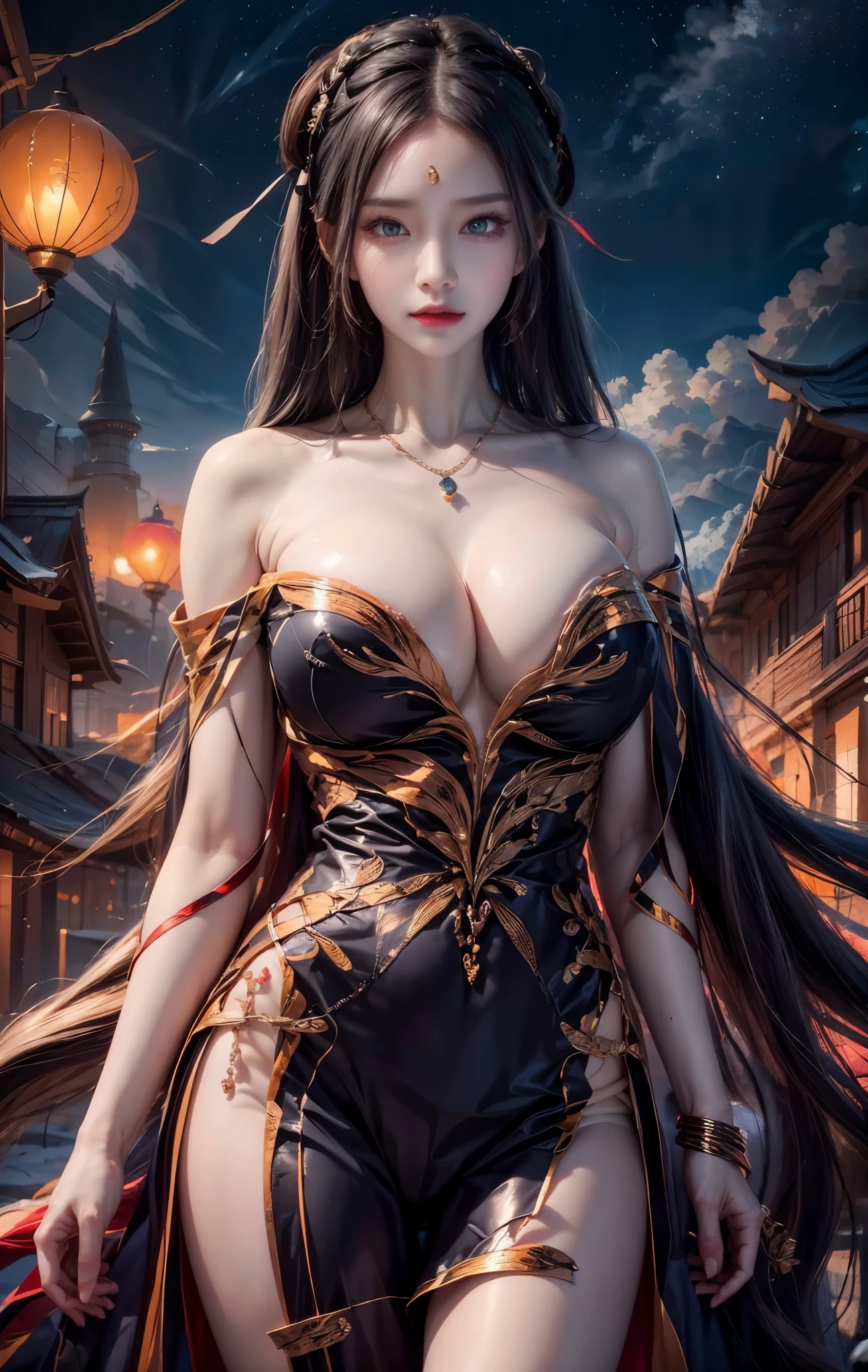 realistic, 1 women, best quality, 12k, HD, long hair, big round breasts, cleavage, ponytail, necklace, jewelry, shorts, short jacket, slim hips, hair tie, yellow eyes, black hair, super detailed, Eye details, hair details, person details, mouth details, face details, breast details, clothes details, hair details, pants details, hand details, whole body
