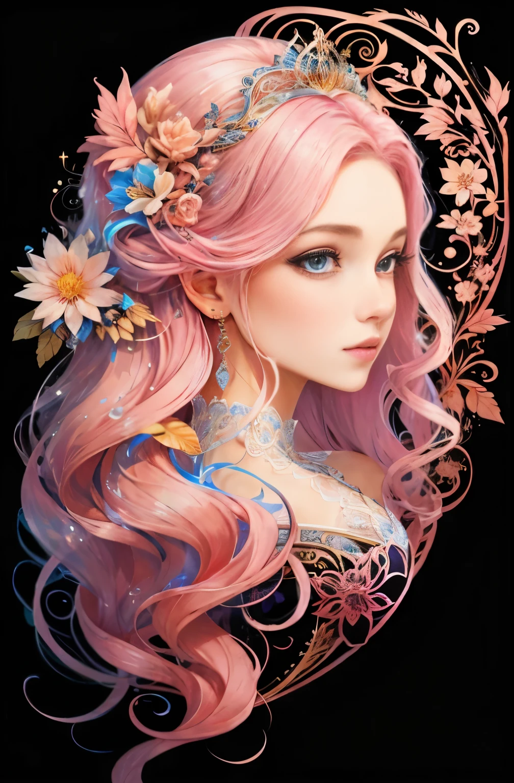 （（18 year old beautiful princess）），（She has long flowing pink hair），（bright beautiful eyes），Popular topics on Artstation，flower of hope，Super detailed，Crazy details, Astonishing, complicated, elite, Art Nouveau, A gorgeous one, fantastic，liquid wax, luxury, ink style, a sticker, Vector art beautiful character design, Double exposure shooting, Luminous design, Award-winning works, masterpiece, black background,Optical