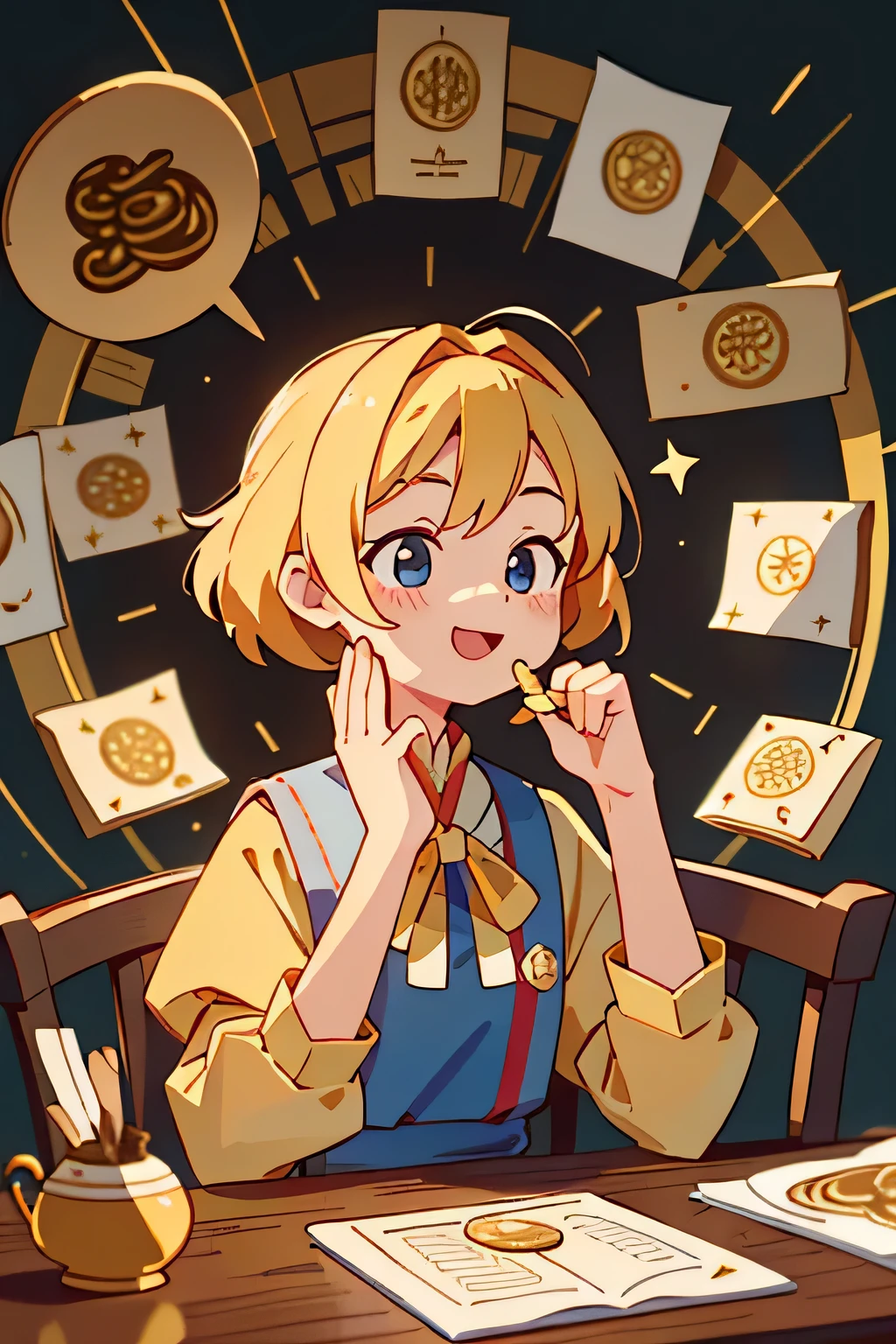 alice magtroyd，gold coins，Gold ingot，(masterpiece, best quality, super detailed, high resolution, Best Illustration, 8k),Tradition， Chinese new year style background, happy, elegant, Sit at the table, Food on the table, Fireworks outside the window, charming女孩, charming, blond