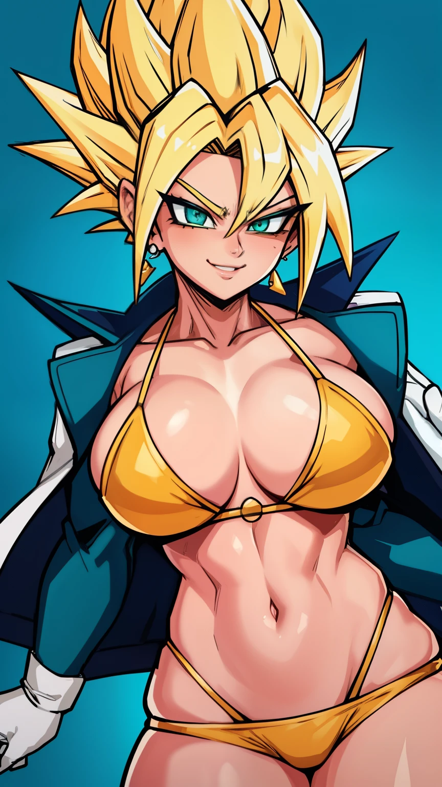 RAW photo, (high detailed skin, detailed eyes:1.1), intricate details, best quality, 8k uhd, soft lighting, Vegetto, breasts, (female:1.2), 1girl, earrings, jewelry, white gloves, spiked hair, dougi, smile, blonde hair, green eyes, super saiyan, bikini, jacket over, sexy