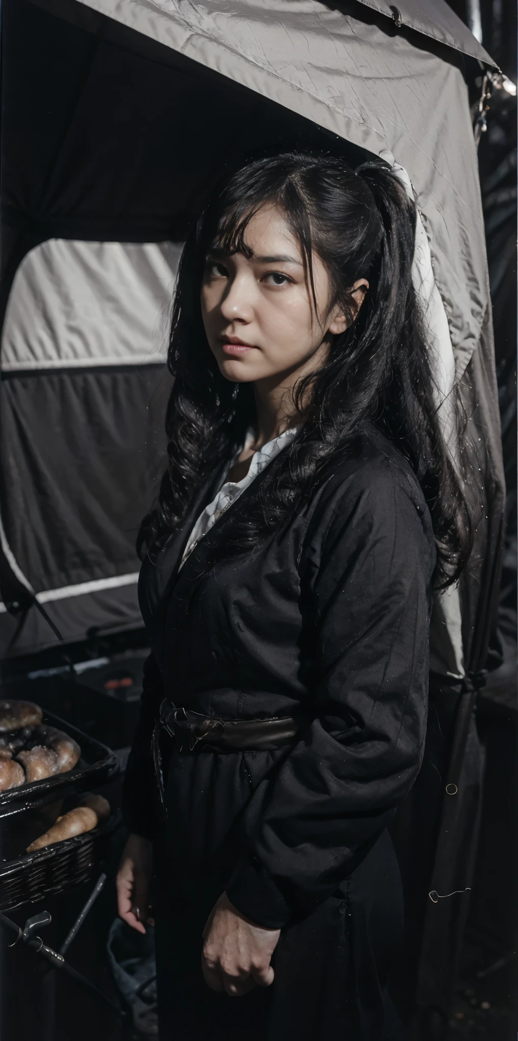 (1 girl:1.2), solo, himecut,traditional japanese clothes, red eyes,cartoon style, joe fenton, a black and white photo of deadpan, camping, unbecoming, gnawling, envy, Ghast (Lovecraftian),calm, soft smile, Wayne Barlowe,, in gochuumon wa usagi desu ka? style, nostalgic