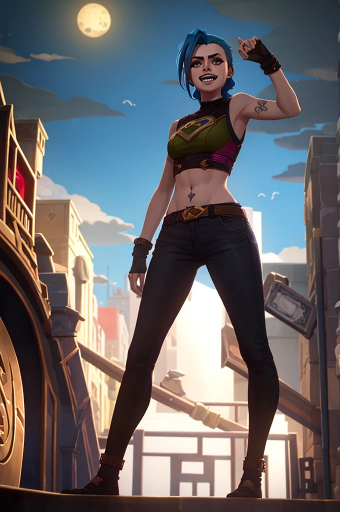 estilo arcano, 1 chica, retrato de cara cercana, arm tatuaje, asymmetrical golpes, golpes, pelo azul, trenza, brown camisa, cloud tatuaje, Mira al espectador, laugh, loco, uncontrollable laughter, mirada enojada, noche, ciudad, pelo verde, pelo largo, stomach, ojos rosados, labios rojos, camisa, Solo, de pie, tatuaje, twin trenzas, parte superior del cuerpo, curse arcana,  curse \(League of Legends\)