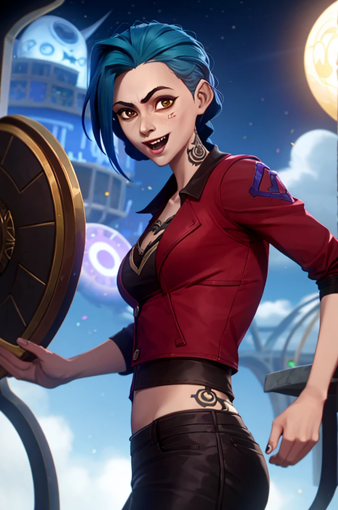 estilo arcano, 1 chica, retrato de cara cercana, arm tatuaje, asymmetrical golpes, golpes, pelo azul, trenza, brown camisa, cloud tatuaje, Mira al espectador, laugh, loco, uncontrollable laughter, mirada enojada, noche, ciudad, pelo verde, pelo largo, stomach, ojos rosados, labios rojos, camisa, Solo, de pie, tatuaje, twin trenzas, parte superior del cuerpo, curse arcana,  curse \(League of Legends\)