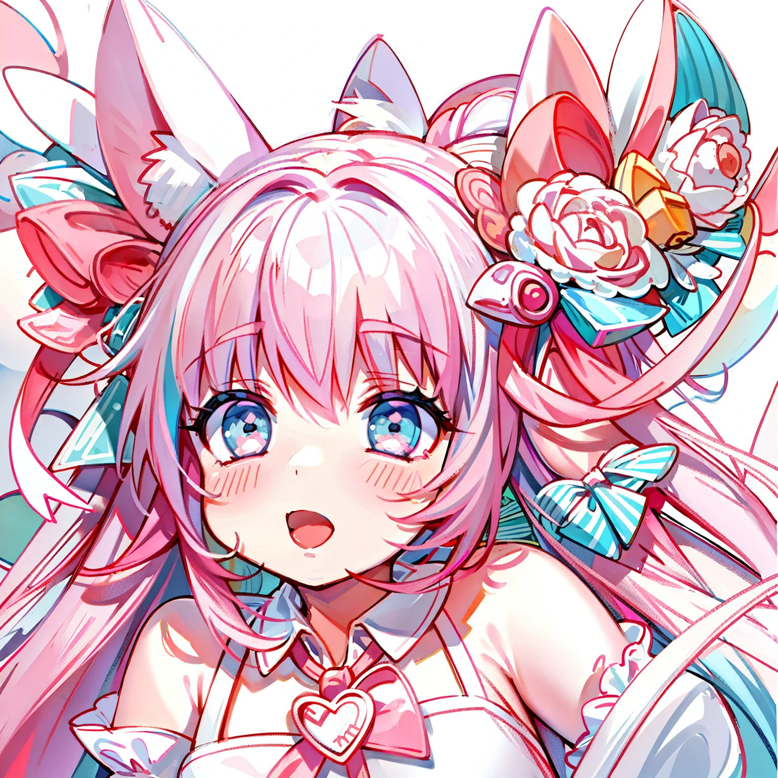 Masterpiece,Best quality, White background, (10:1girll), (10:One guy), Very long hair, White and pink hair , Love decoration , Multiple cyan and pink bows, White and pink pair of cat ears , Cyan eyes , Look straight ahead , love heart , Pink bow tie , White clothes , 5:Open mouth, 5:teeth