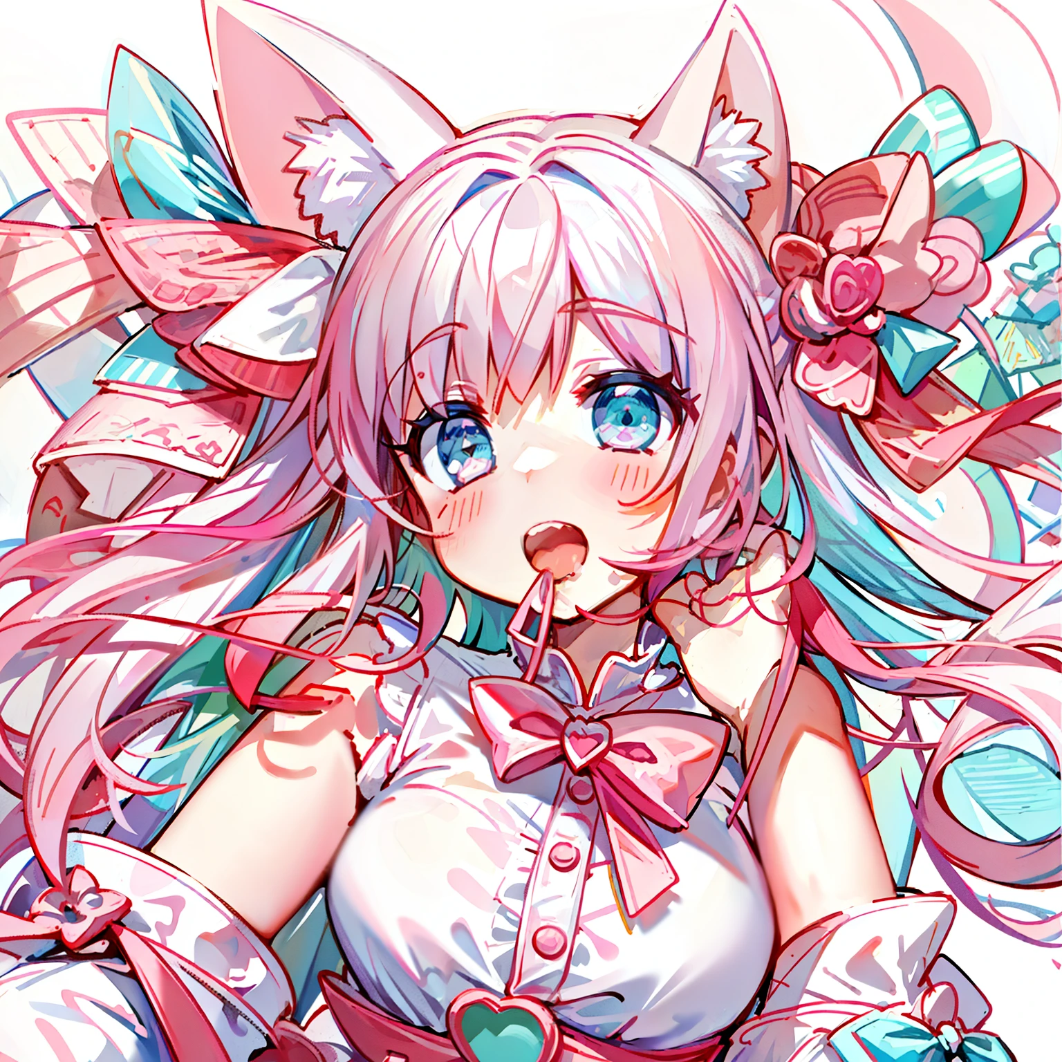 Masterpiece,Best quality, White background, (10:1girll), (10:One guy), Very long hair, White and pink hair , Love decoration , Multiple cyan and pink bows, White and pink pair of cat ears , Cyan eyes , Look straight ahead , love heart , Pink bow tie , White clothes , 5:Open mouth, 5:teeth