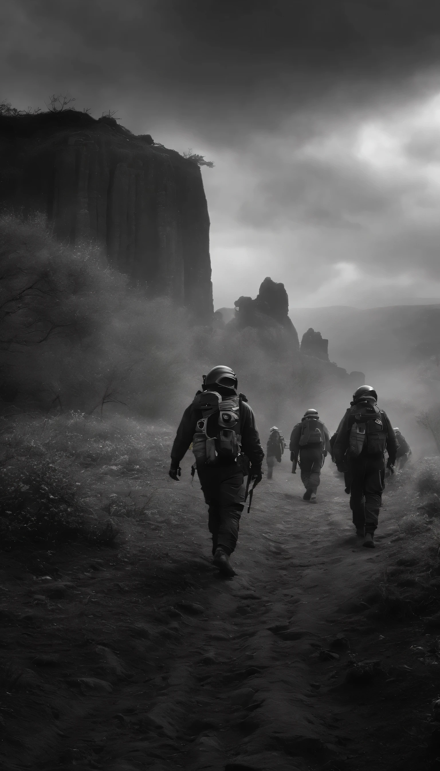 Generates a striking black and white post-apocalyptic scene of a group of people in filtration suits, atravesando un camino plagado de criaturas mutadas y plantas venenosas mientras luchan por avanzar hacia un destino incierto mientras la oscuridad los rodea. Focus on transmitting sensations of terror, soledad, desolation and despair. La imagen debe evocar la lucha por la supervivencia en un paisaje devastado.