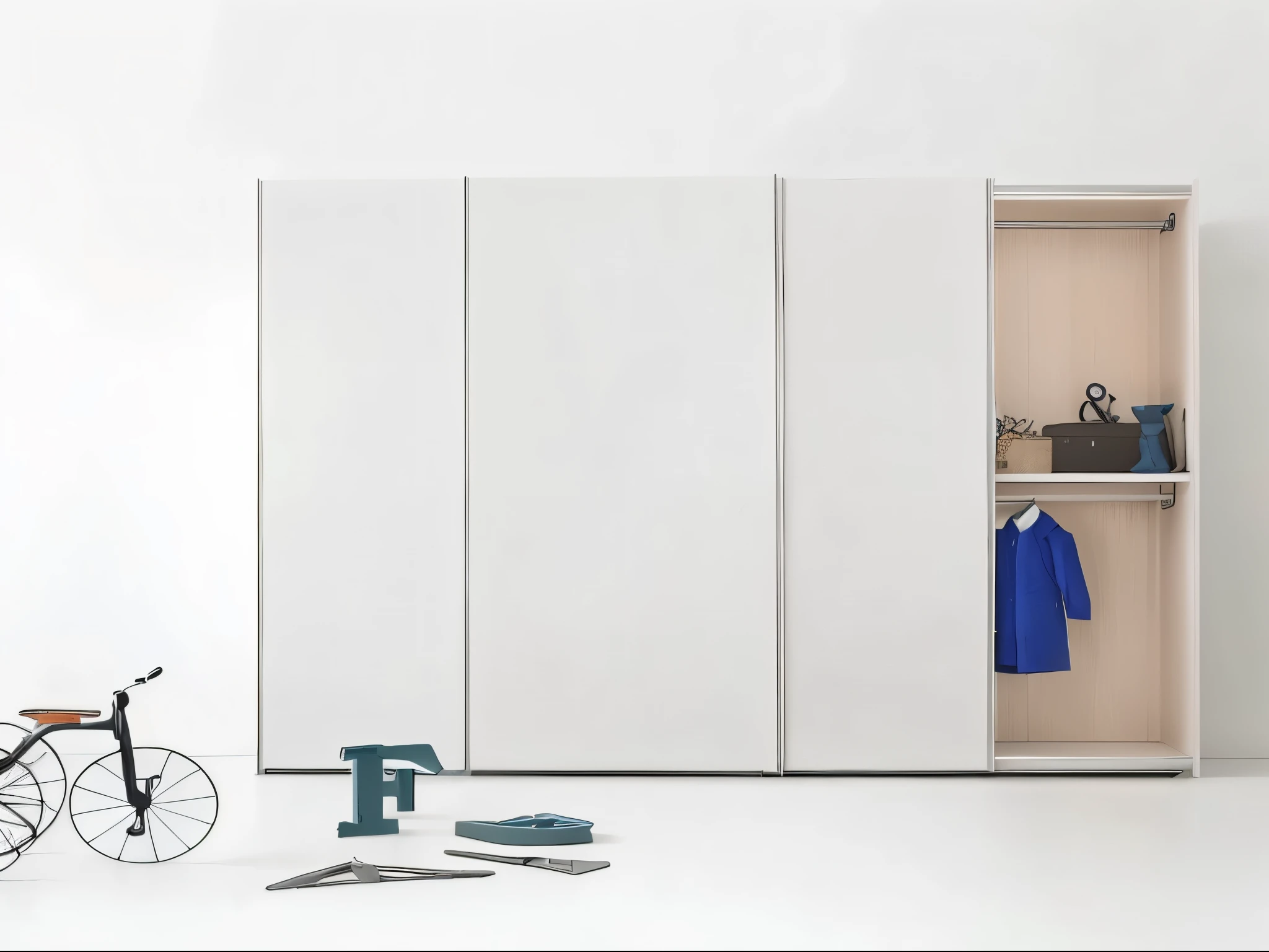 There is a bicycle and a bike in the room with white walls, Elegant futuristic wardrobe, elegant wardrobe, flat Minimalism, 优雅的Minimalism, Modern minimalist f 2 0 clean, very Minimalism, simple furniture, Minimalism design, Modern minimalist f 2 0, 3 doors, minimally modern, Minimalism, white panel, very small, very small, product photo