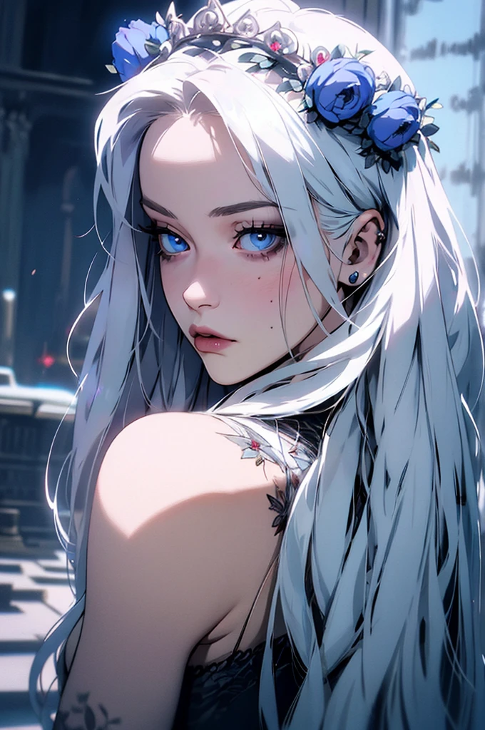 hyper-realistic of a mysterious woman with flowing silver hair, piercing blue eyes, and a delicate floral crown, backwards, looking back, upper body