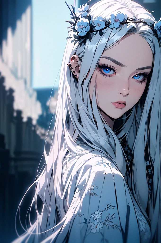 hyper-realistic  of a mysterious woman with flowing silver hair, piercing blue eyes, and a delicate floral crown, backwards, looking back, upper body