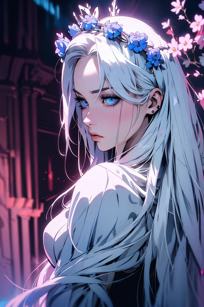 hyper-realistic of a mysterious woman with flowing silver hair, piercing blue eyes, and a delicate floral crown, backwards, looking back, upper body