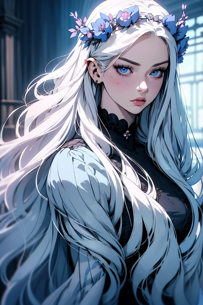 hyper-realistic  of a mysterious woman with flowing silver hair, piercing blue eyes, and a delicate floral crown, backwards, looking back, upper body