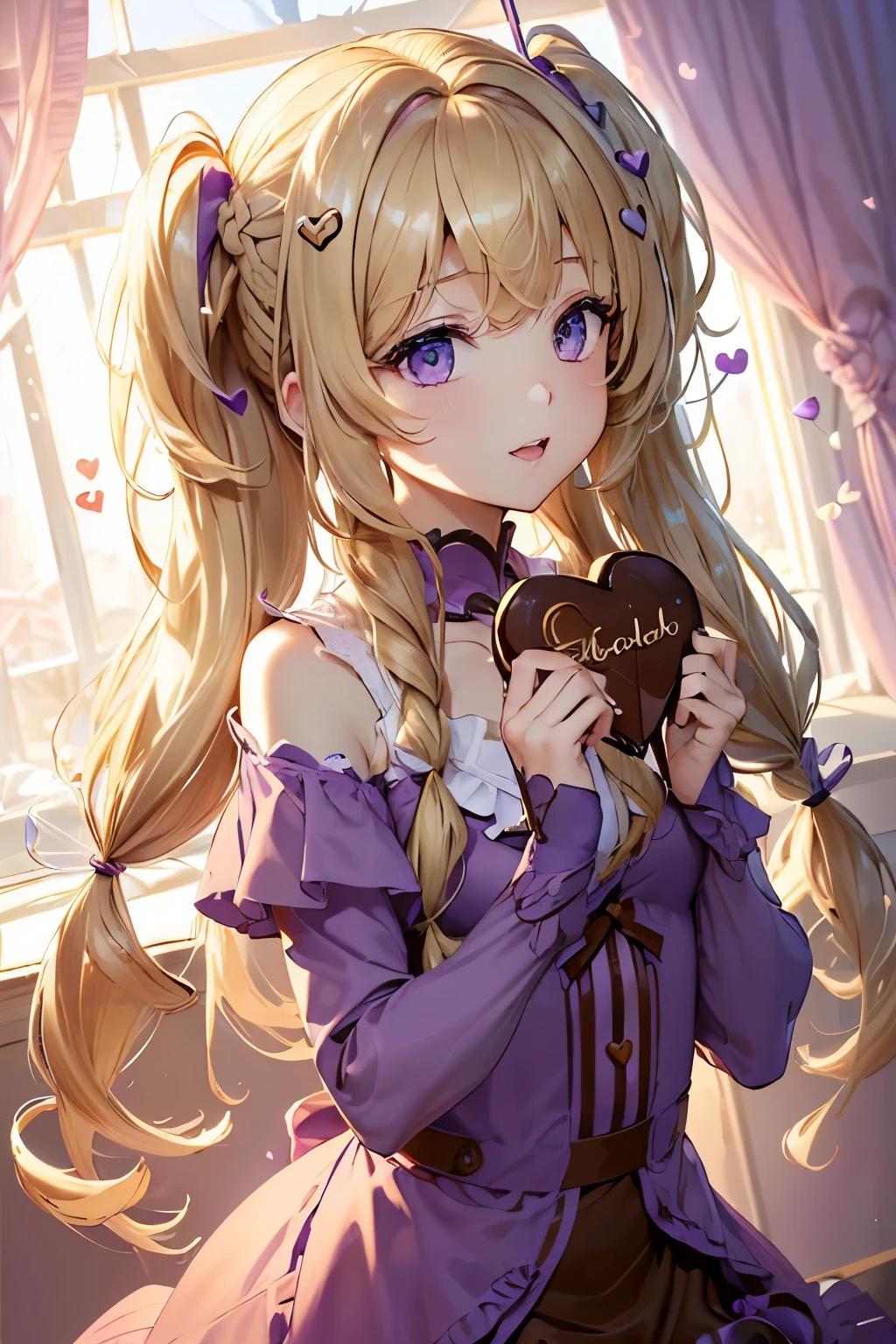 4K,1girl,sense of deps,disorganized,catch light,Super beautiful illustration,((({chocolate},heart))),valentine's day,((beautiful blonde,Two Side Up Hairstyles:1.3)),((Beautiful purple eyes:1.2)),Purple clothes,;D,beautiful and delicate flowing hair,emphasized chest