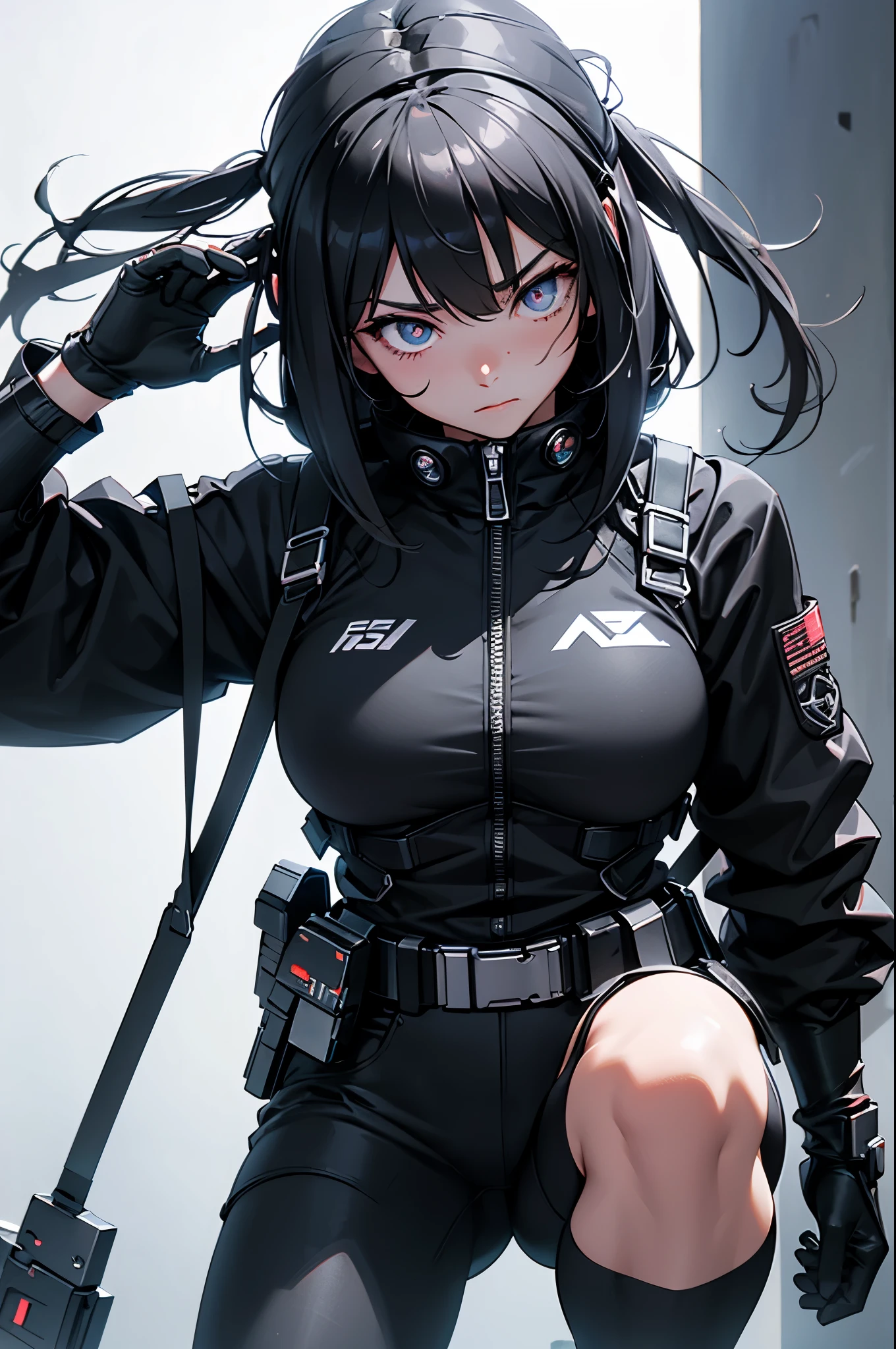 【Highest Quality, masutepiece】 [girl, Manteau, expressioness, skyblue eyes, front facing, Black hair, Slender beauty,straight haired, short hair ,jacket,breastUpper body] (Gray white background:1.5), smile