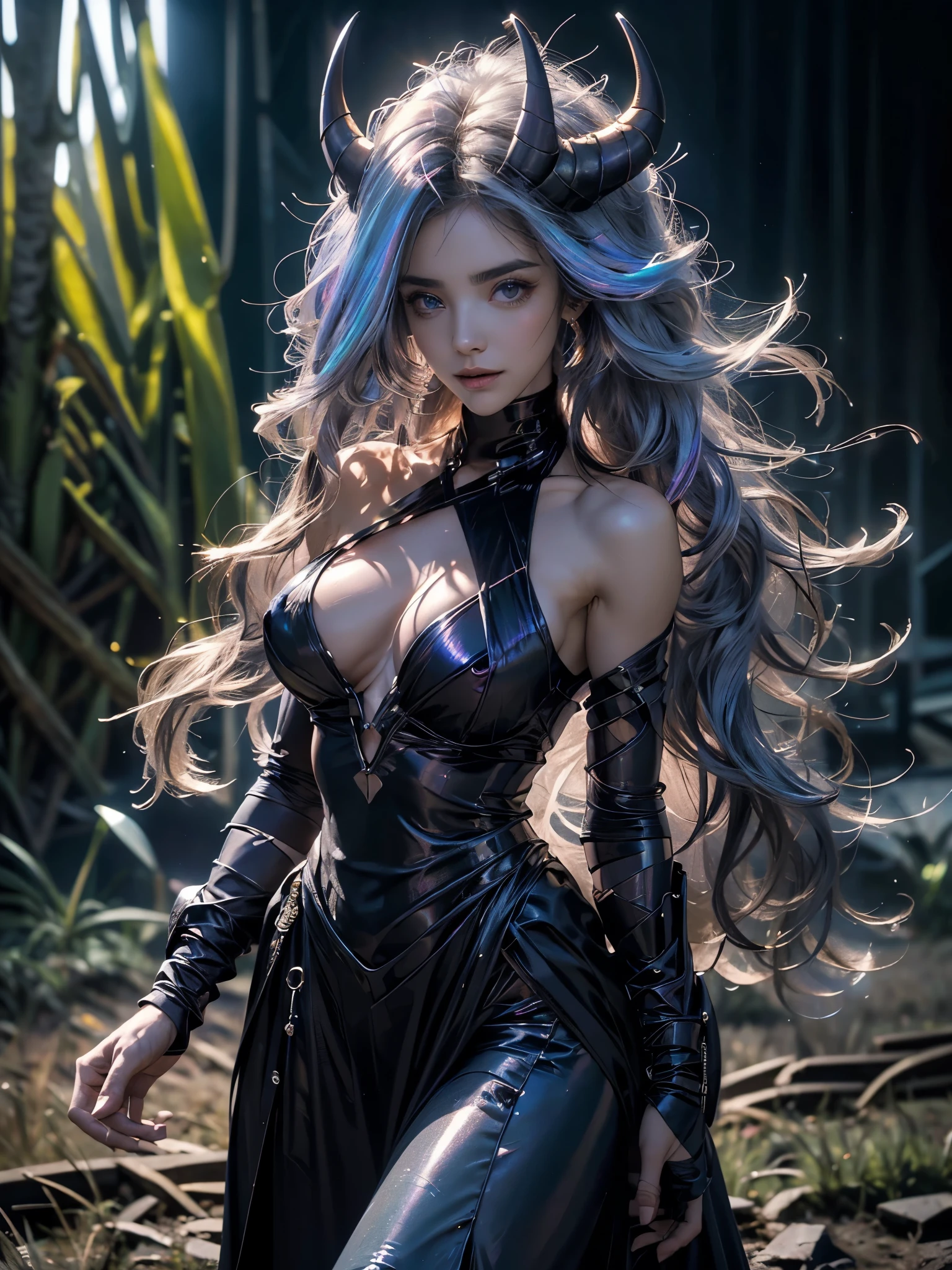 Mechanic witch girl with moving hair, long hair, white hair, black crown, long curved horns, cleavage, big breasts, nipples, translucent outfit, lifeless eyes, red eyes, dark sky without any sparkles or stars, shadows, dark, {wallpaper extremely detailed 16k CG unit wall}, expansive landscape photography, (a low view focusing on the character and setting), (wide open field view), (low angle shot), (high light: 1.2) , (low light: 1.7), (warm light source: 1.2), complex details, (iridescent colors: 1.5), (bright lighting), (atmospheric lighting),
