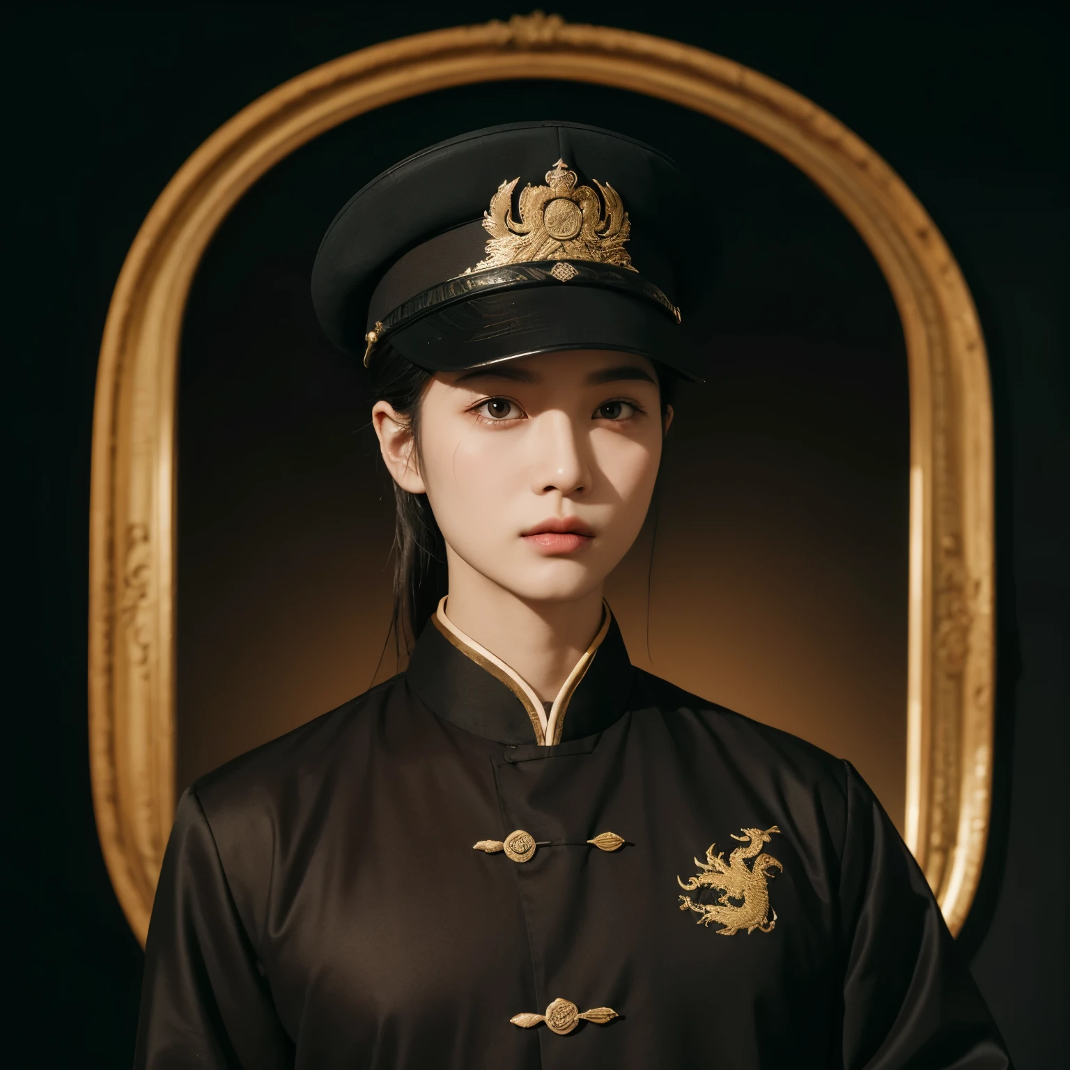 Emperor of China, black hat, no beard, around 30 years old, The face is bigger, Brown silk solid color simple official uniform, The clothes are embroidered with thin dragon pattern hollow embroidery, Realistic facial close-up, character photography, Solid color minimalist background, ambient light, backlight, Tyndall Wright