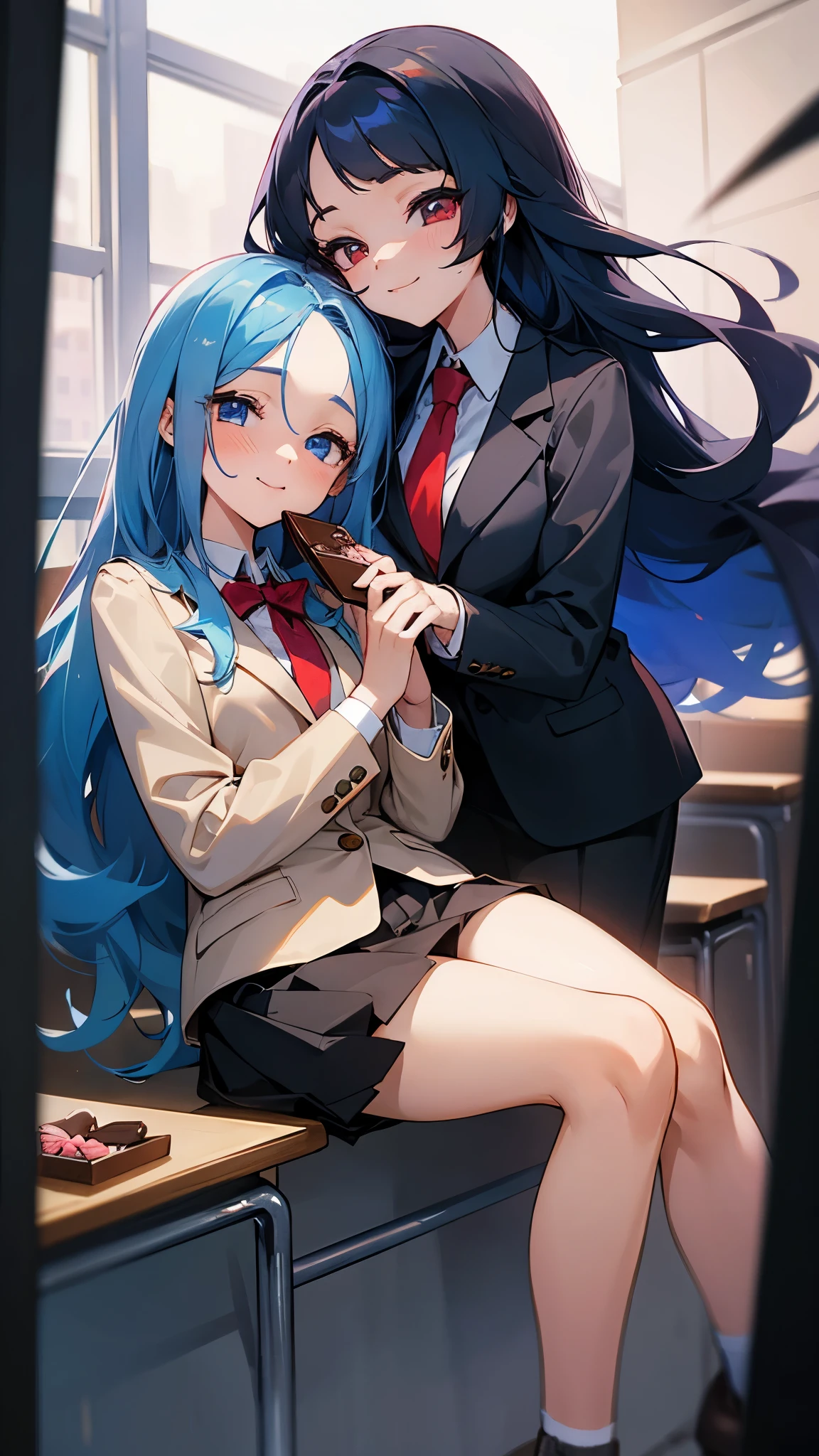 (2 very cute girls) ((give each other Valentine's day chocolates)),(in a school blazer), in the school classroom, break, (one girl is forehead blue hair long hair blue eyes love smile glossy mouth), break, (one girl is curly black hair long hair red eyes sexy smile), break, perfect anatomy, masterpiece:1.2, best quality, 8k, beautiful detailed grow, daydreaming expression