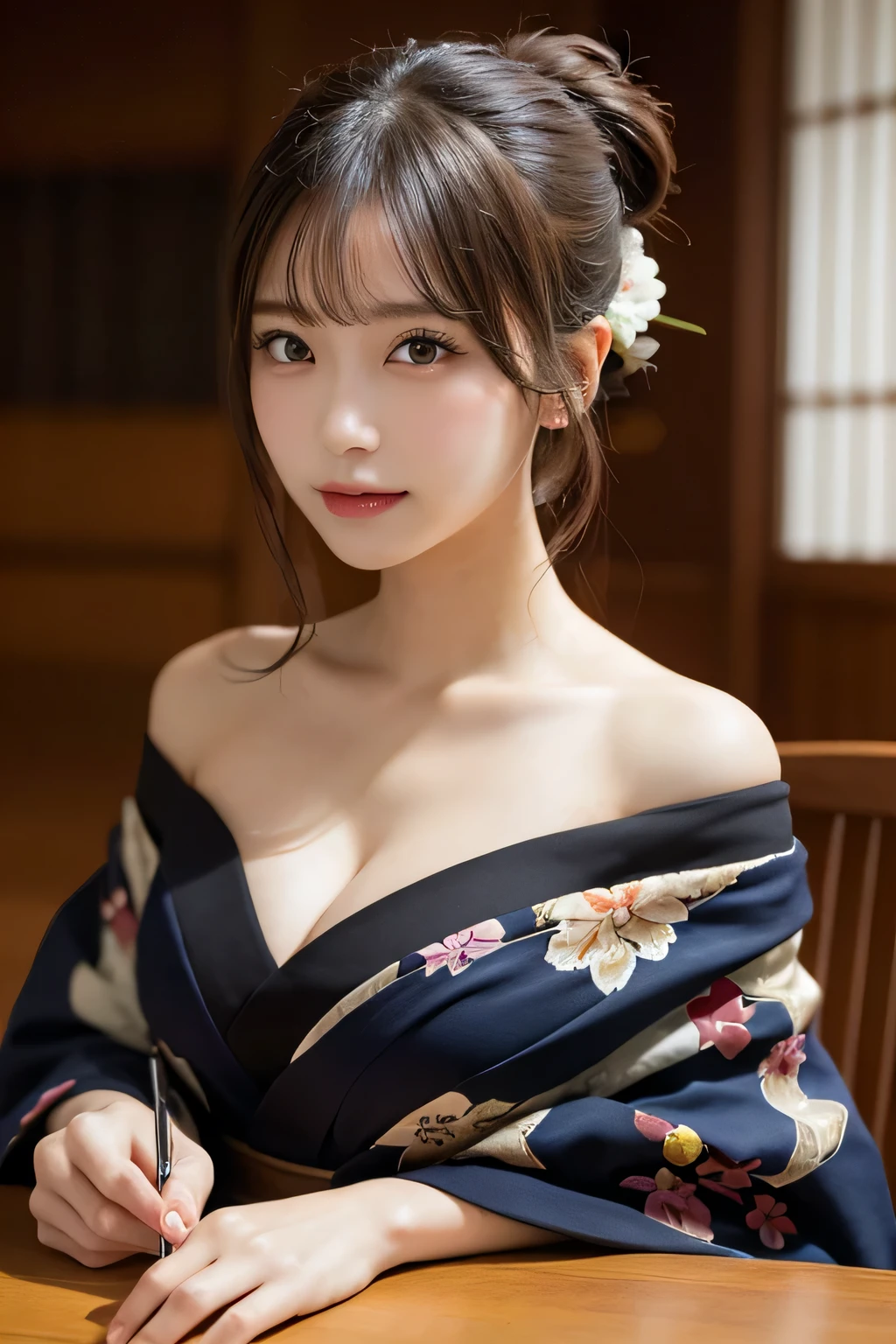 table top, highest quality, shape, Super detailed, finely, High resolution, 8k wallpaper, 完璧なダイナミックな構shape, beautiful and detailed eyes, kimono, off shoulder, cleavage