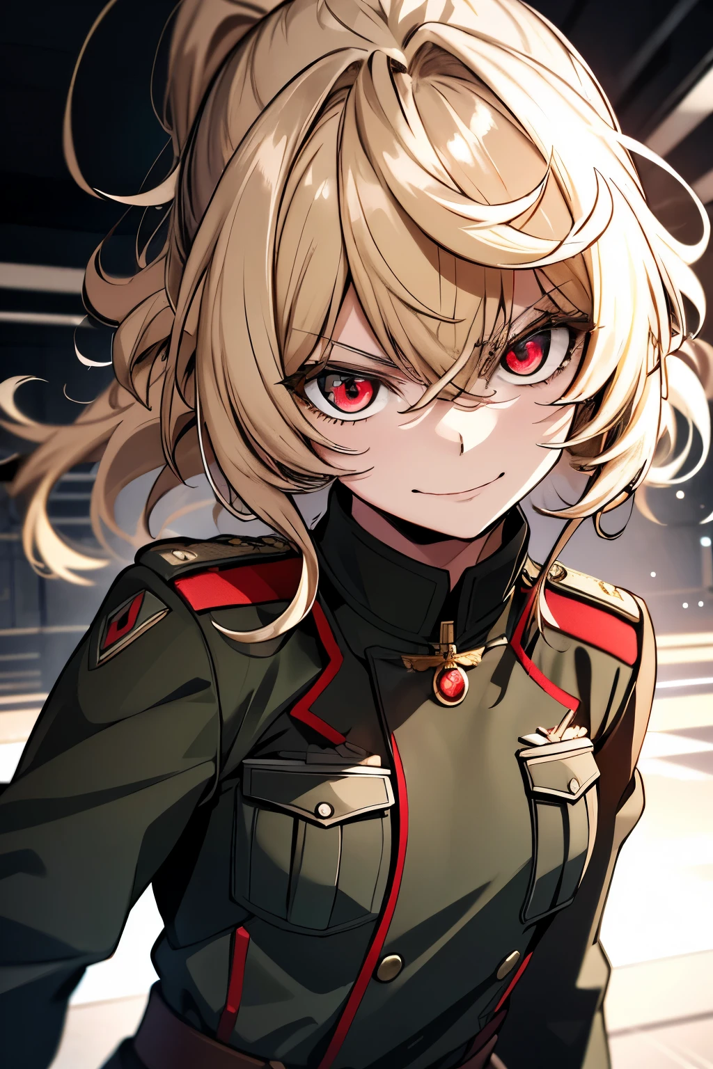 (masterpiece, best quality: 1.1), 1girl solo, tanya, 1girl, solo, , flat chest, small breasts, curvy, military, military uniform, ,, evil smile, wicked expression, anger, red eyes, neutral lighting