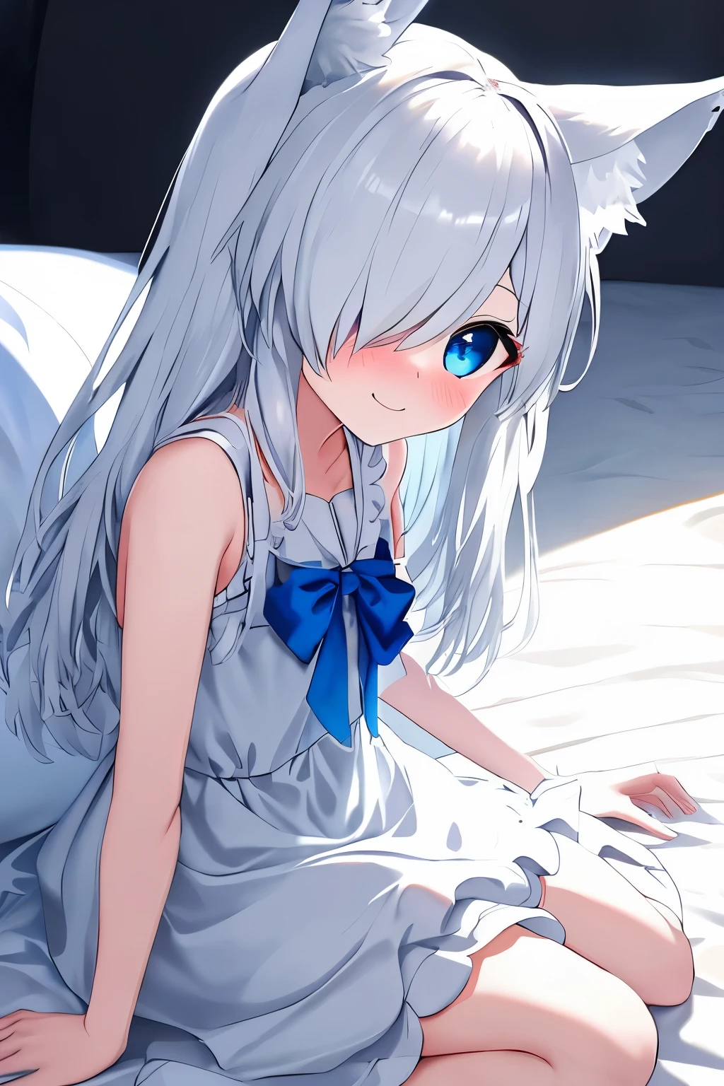 1girl, fox ears, blue eyes, white hair, hair over one eye, from side, pov, sitting, bed sheet, light, nose blush, light smile, white dress, blue bow, sparkle,