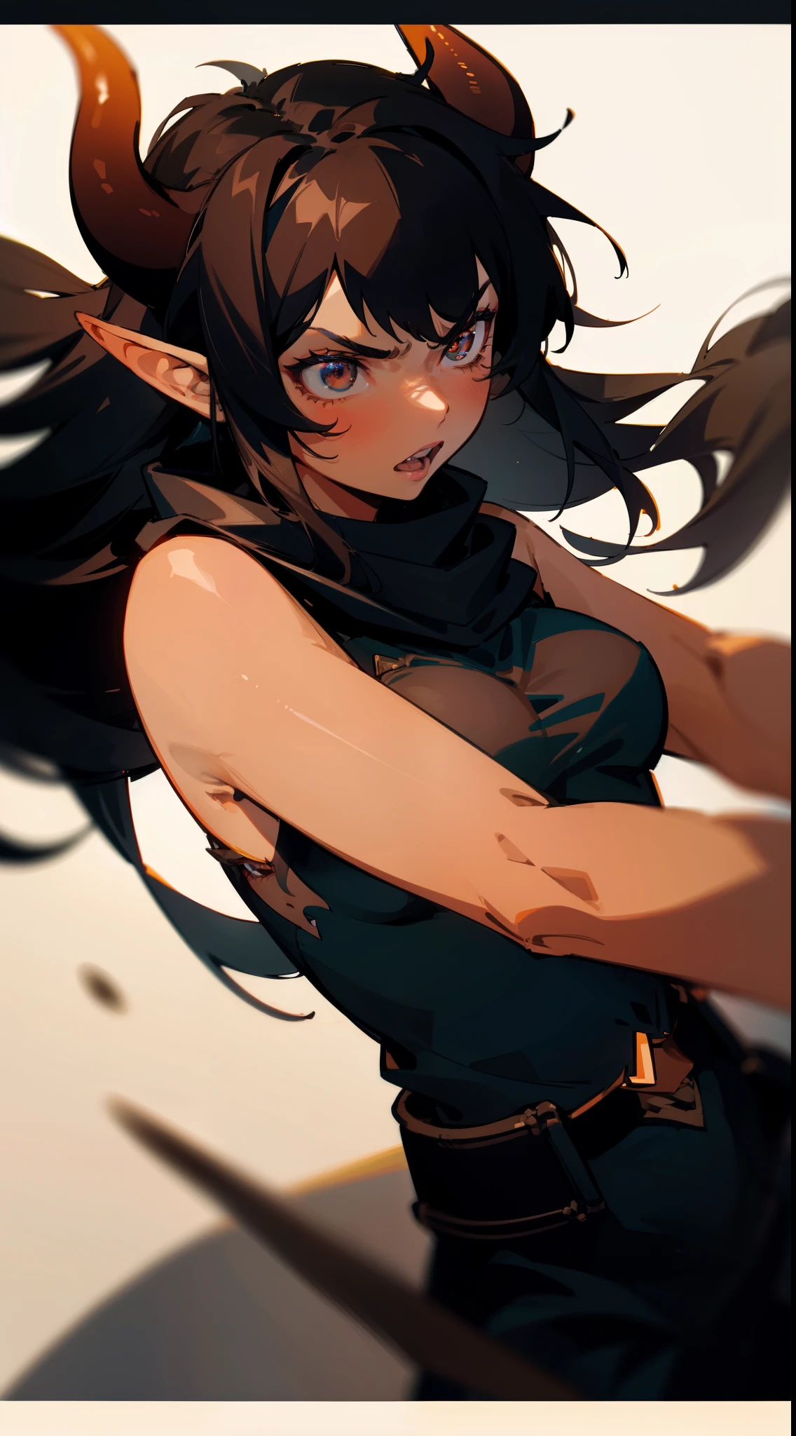 (1girl,25 years old,solo,mature female),elf ears,black hair,long hair,horns,black scarf,(brown skin),portrait,(angry),focus on face