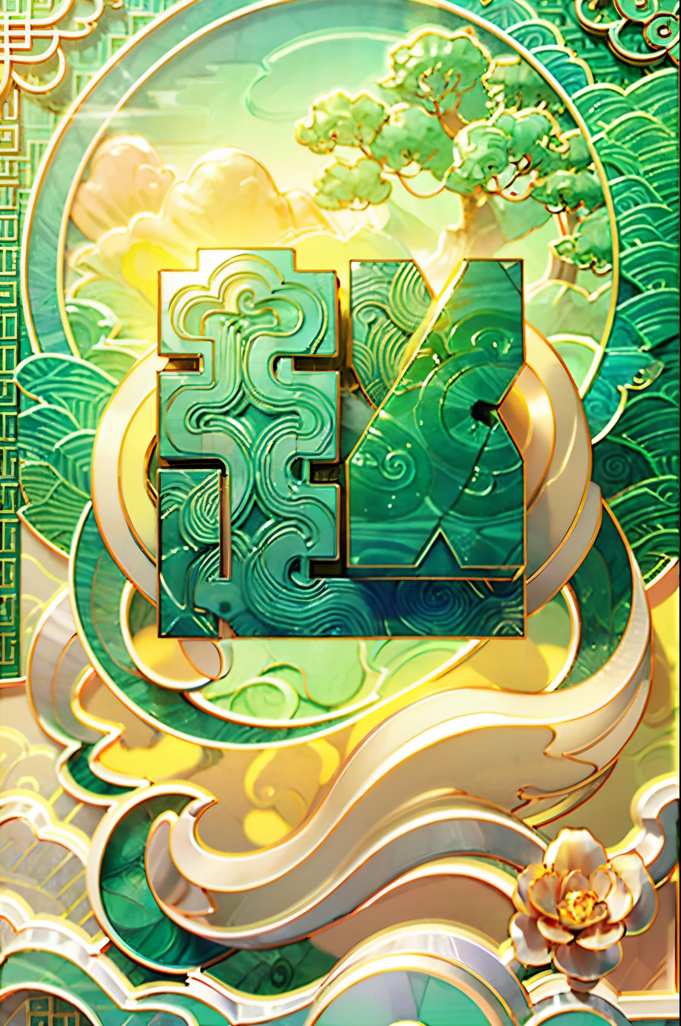 (number art, jade carving，jewellery design)，jade，gold, gold line, flowers， (Chinese cloud pattern:1.2), (Oriental elements, Chinese colors, senior color matching)， (3d sculpture，rendering by octane，volumettic light，Natural soft light，), (super delicate:1.2, lose focus:1.2, extremely colorful, Cinematic Lighting, Chiaroscuro,Ray Tracing), Masterpiece, super rich,super detailed,8k, 3ddianshang\(style\)